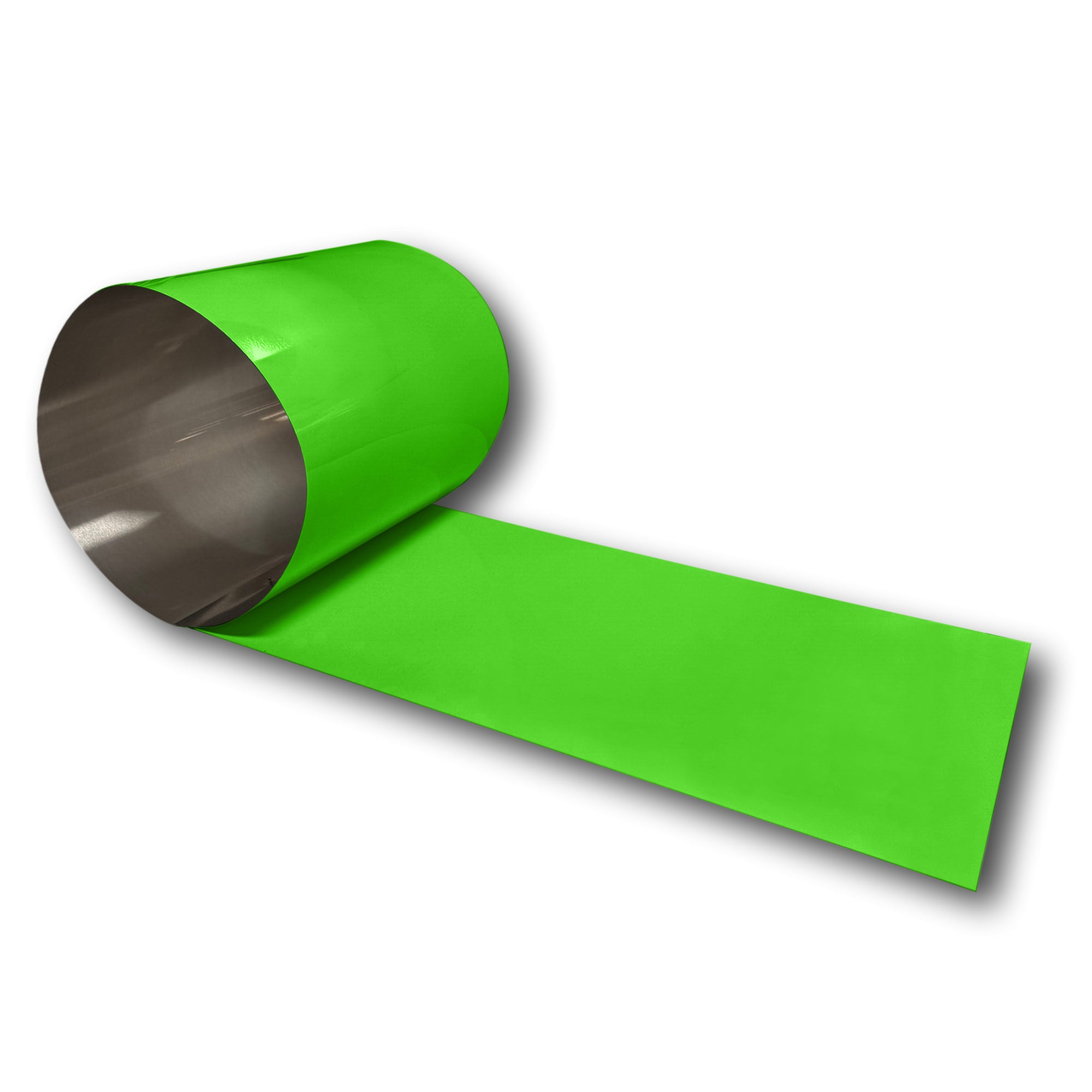 A roll of 0.030" Painted Aluminum that is Electric Green in color.