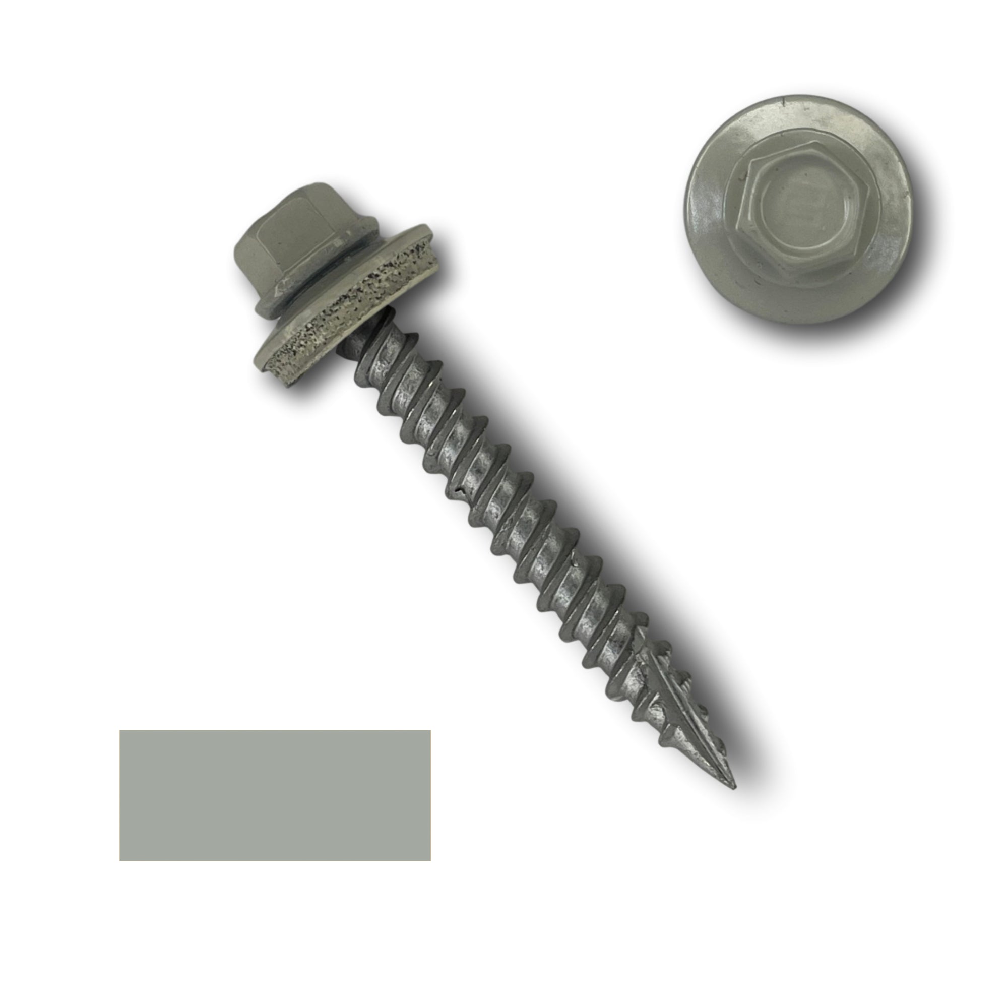 A number 10 Diameter Metal Roofing Screw that is 1.5 inches long with a 1/4 inch Hex Head and an EPDM Rubber Washer. The screw features a Type 17 sharp tip for drilling into wood decking. There is a color swatch of the screw head in the bottom left corner and a close-up of the screw head in the top right corner. The screw head is Ash Gray in color.