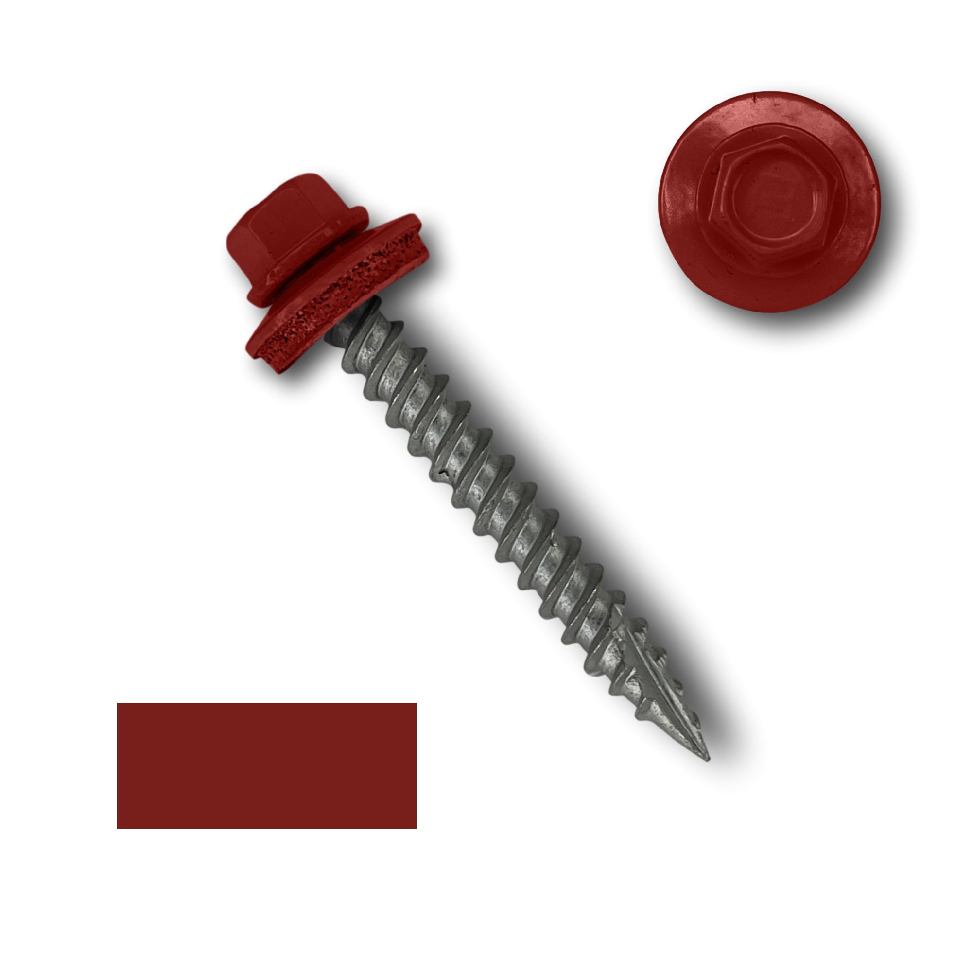 A number 10 Diameter Metal Roofing Screw that is 1.5 inches long with a 1/4 inch Hex Head and an EPDM Rubber Washer. The screw features a Type 17 sharp tip for drilling into wood decking. There is a color swatch of the screw head in the bottom left corner and a close-up of the screw head in the top right corner. The screw head is Barn Red in color.