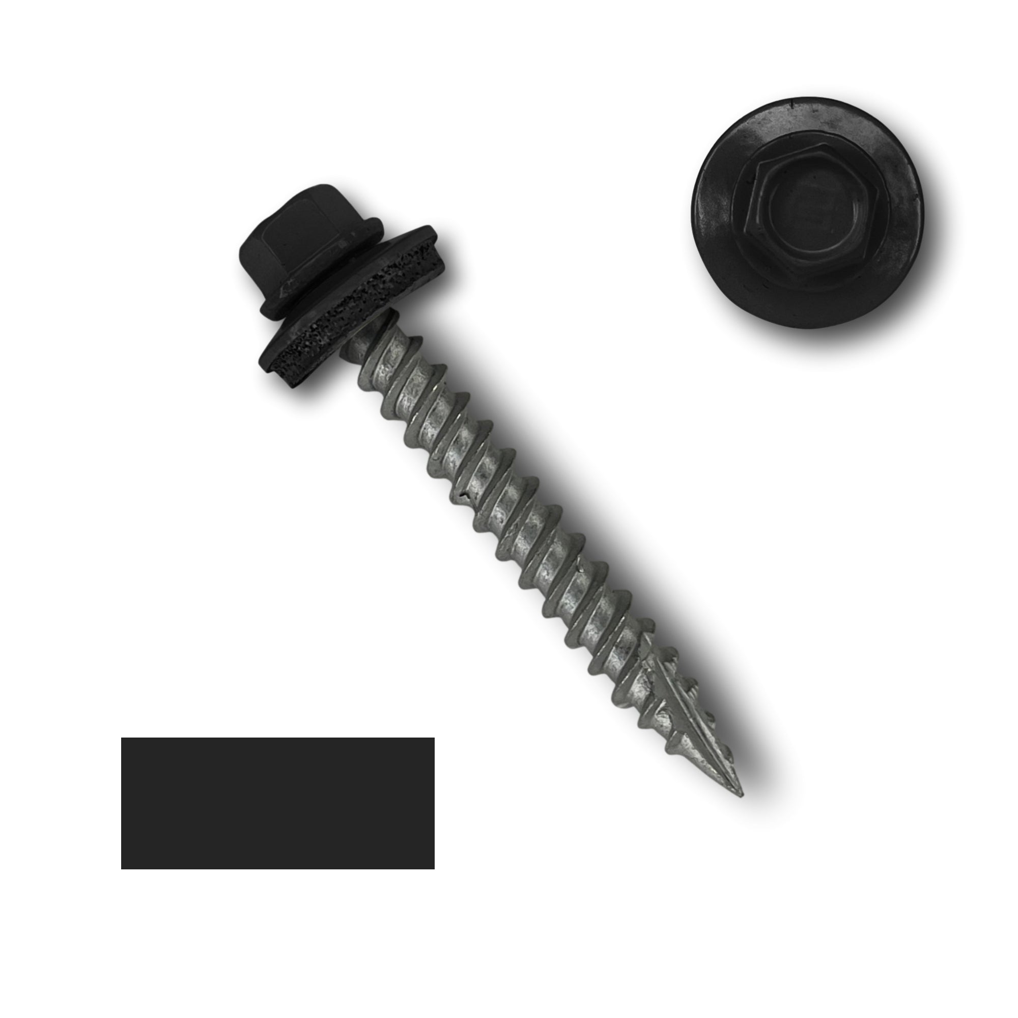 A number 10 Diameter Metal Roofing Screw that is 1.5 inches long with a 1/4 inch Hex Head and an EPDM Rubber Washer. The screw features a Type 17 sharp tip for drilling into wood decking. There is a color swatch of the screw head in the bottom left corner and a close-up of the screw head in the top right corner. The screw head is Black in color.