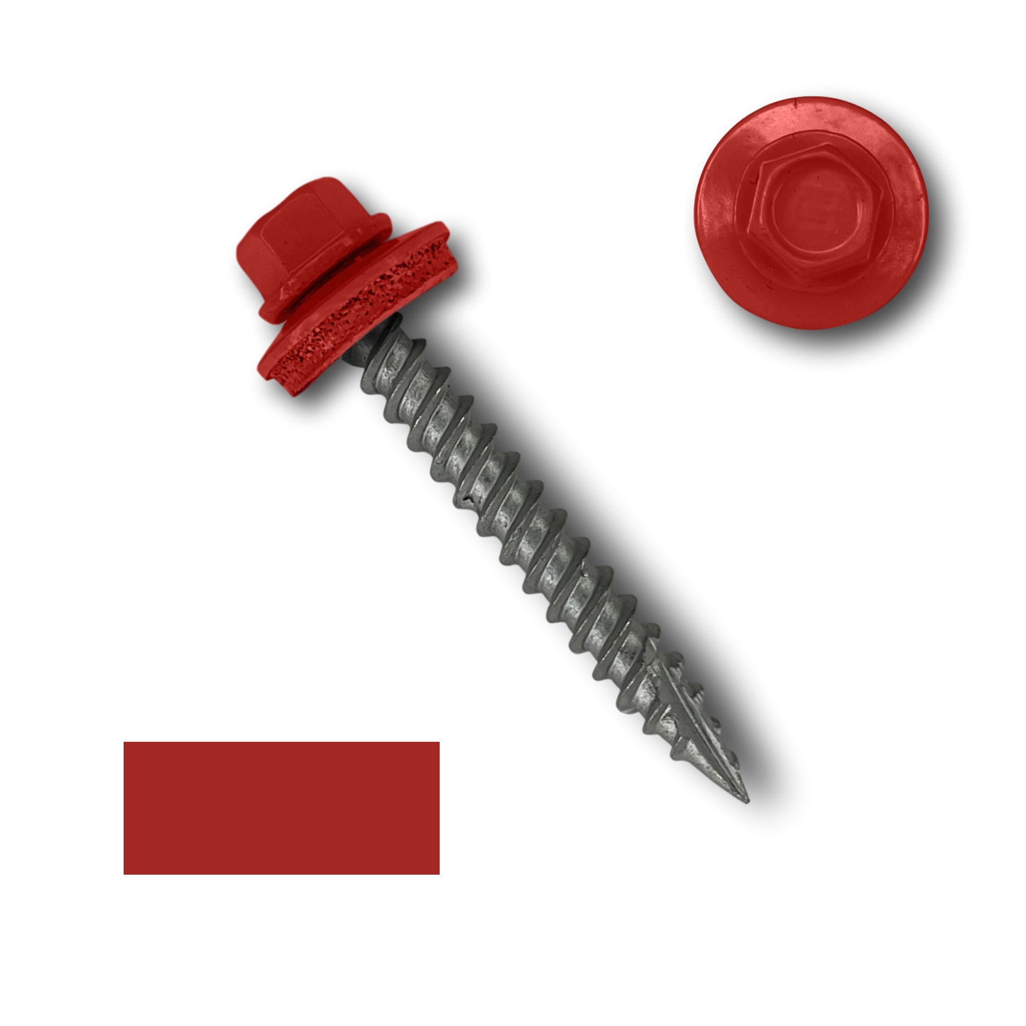 A number 10 Diameter Metal Roofing Screw that is 1.5 inches long with a 1/4 inch Hex Head and an EPDM Rubber Washer. The screw features a Type 17 sharp tip for drilling into wood decking. There is a color swatch of the screw head in the bottom left corner and a close-up of the screw head in the top right corner. The screw head is Bright Red in color.