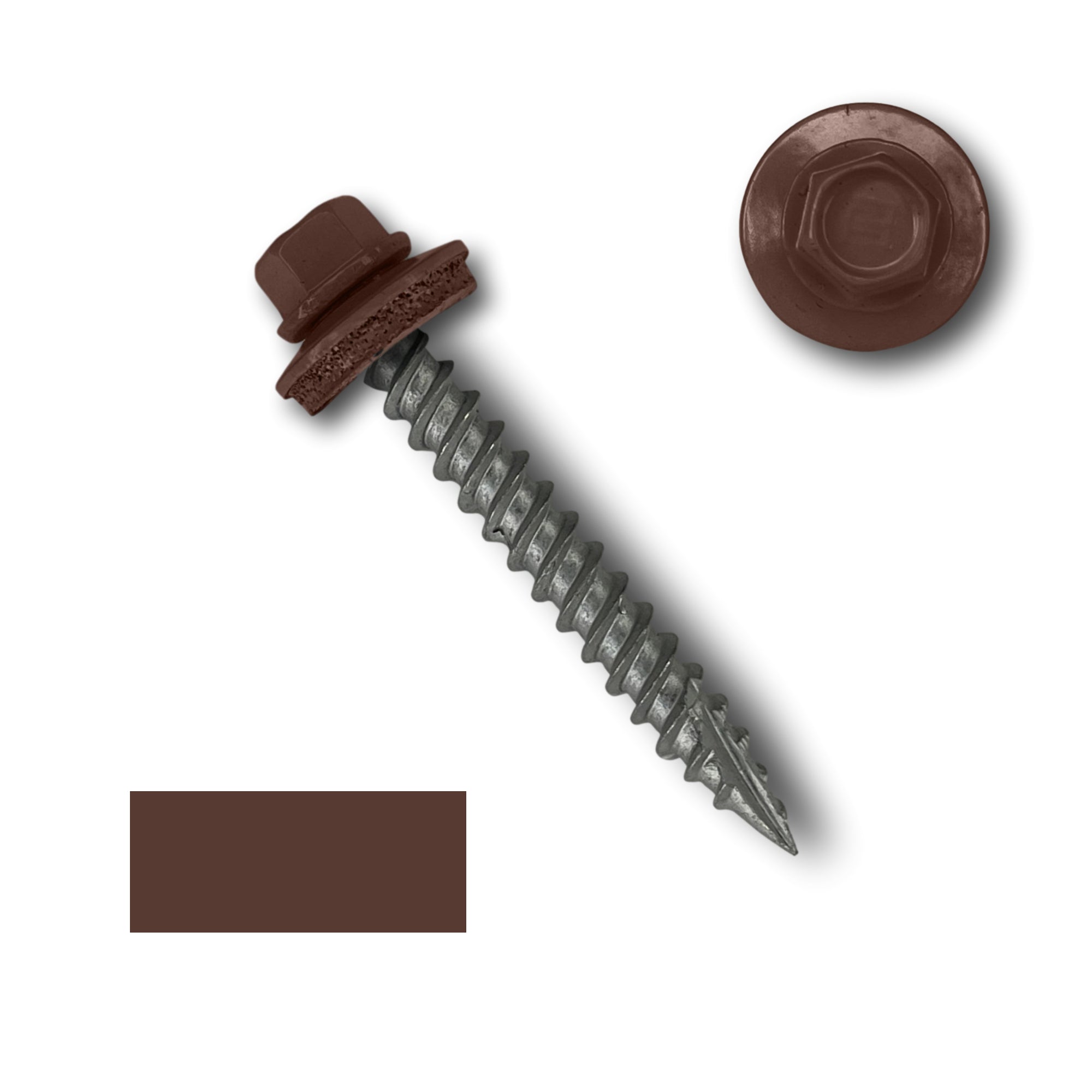A number 10 Diameter Metal Roofing Screw that is 1.5 inches long with a 1/4 inch Hex Head and an EPDM Rubber Washer. The screw features a Type 17 sharp tip for drilling into wood decking. There is a color swatch of the screw head in the bottom left corner and a close-up of the screw head in the top right corner. The screw head is Brown in color.