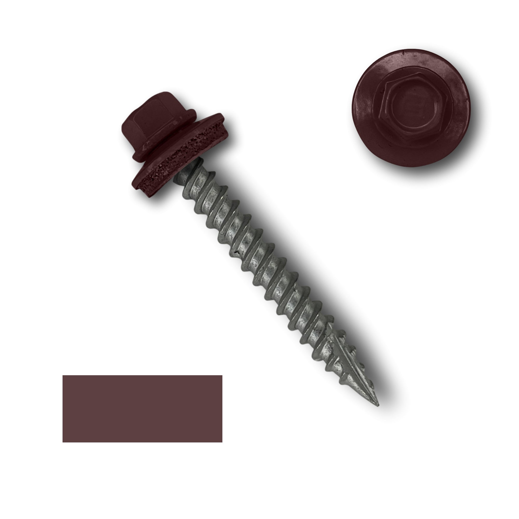 A number 10 Diameter Metal Roofing Screw that is 1.5 inches long with a 1/4 inch Hex Head and an EPDM Rubber Washer. The screw features a Type 17 sharp tip for drilling into wood decking. There is a color swatch of the screw head in the bottom left corner and a close-up of the screw head in the top right corner. The screw head is Burgundy in color.