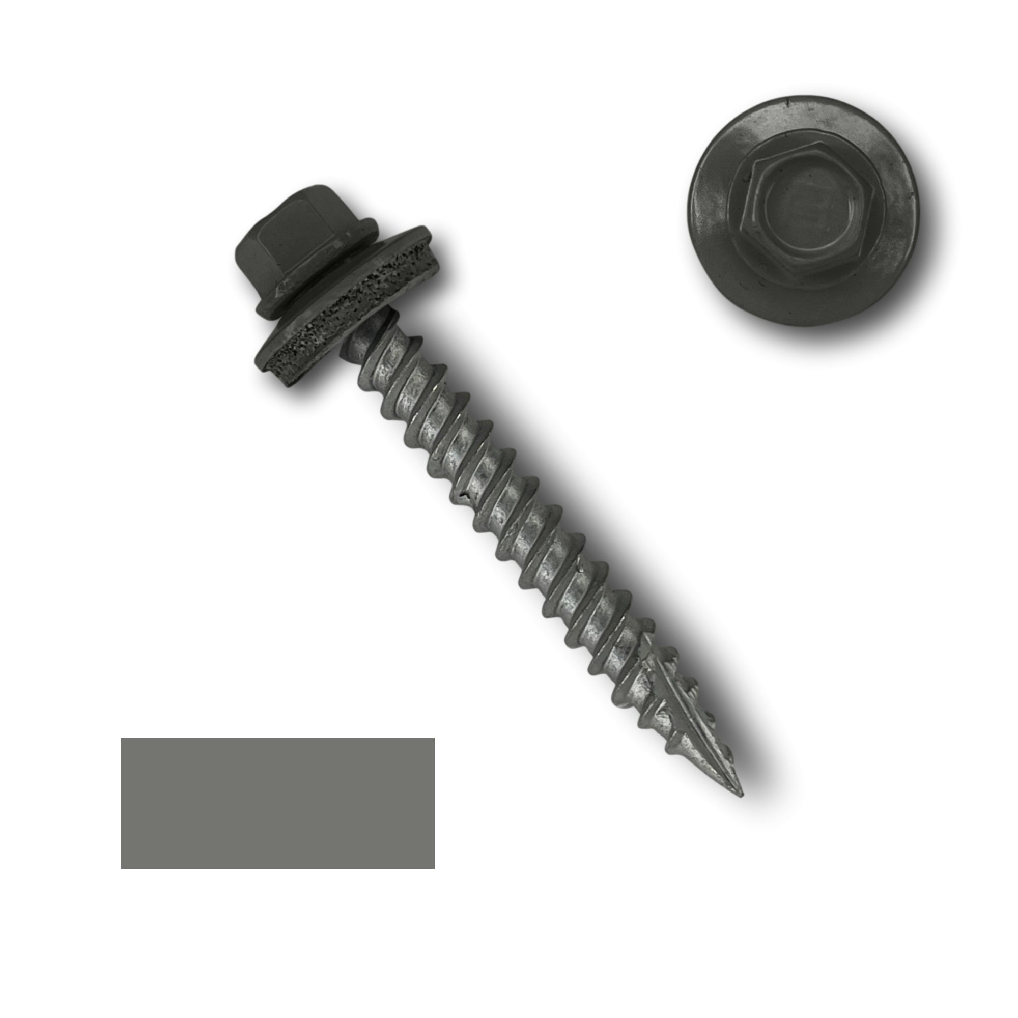 A number 10 Diameter Metal Roofing Screw that is 1.5 inches long with a 1/4 inch Hex Head and an EPDM Rubber Washer. The screw features a Type 17 sharp tip for drilling into wood decking. There is a color swatch of the screw head in the bottom left corner and a close-up of the screw head in the top right corner. The screw head is Charcoal Gray  in color.
