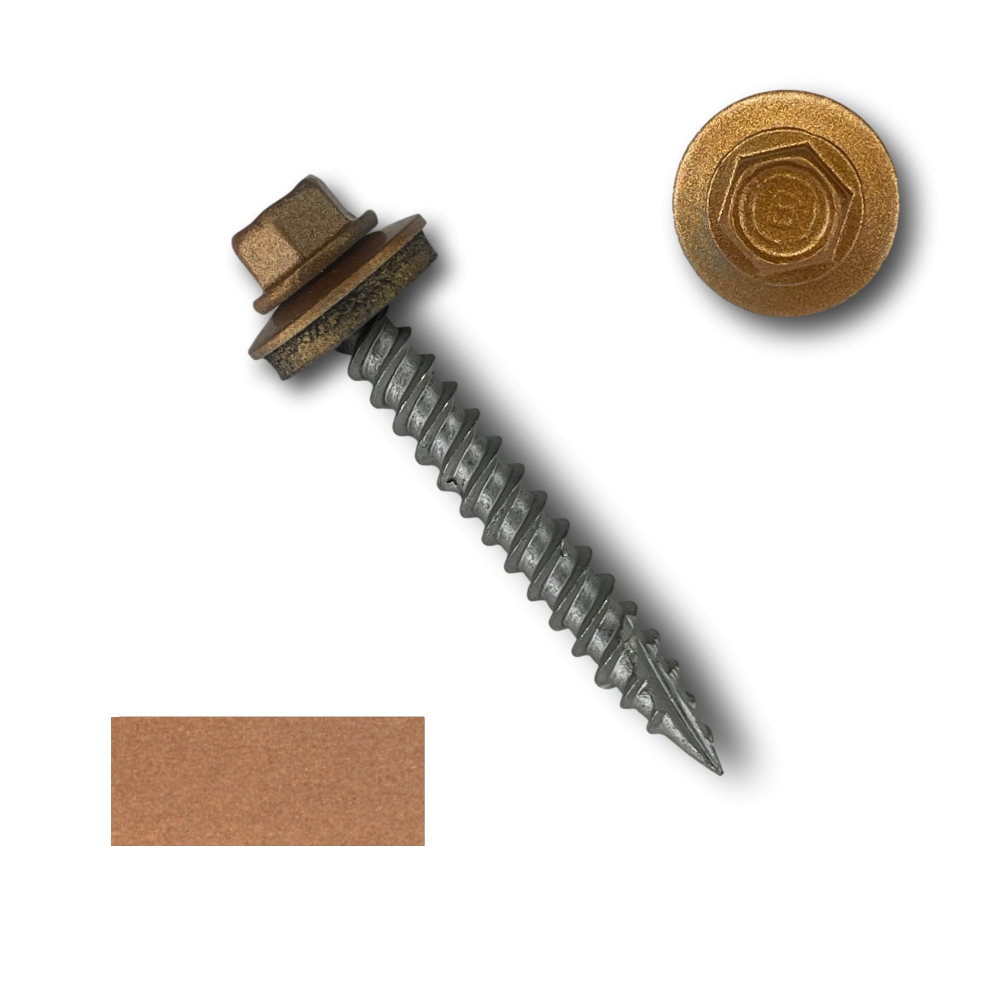 A number 10 Diameter Metal Roofing Screw that is 1.5 inches long with a 1/4 inch Hex Head and an EPDM Rubber Washer. The screw features a Type 17 sharp tip for drilling into wood decking. There is a color swatch of the screw head in the bottom left corner and a close-up of the screw head in the top right corner. The screw head is Copper Metallic in color.