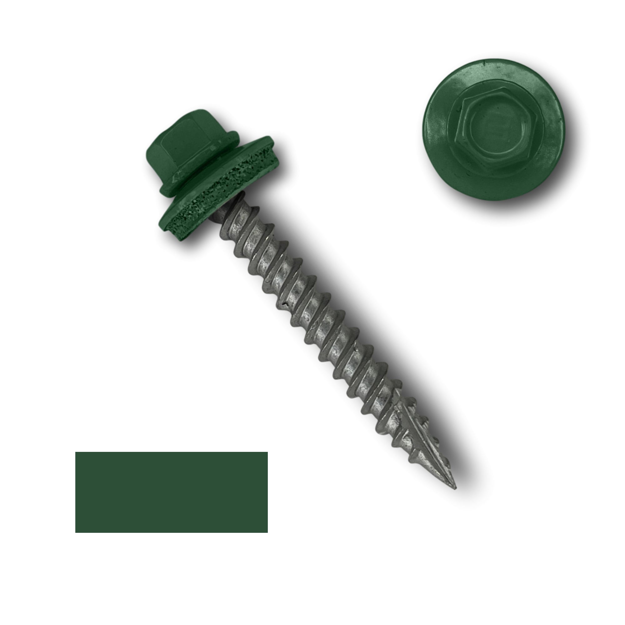 A number 10 Diameter Metal Roofing Screw that is 1.5 inches long with a 1/4 inch Hex Head and an EPDM Rubber Washer. The screw features a Type 17 sharp tip for drilling into wood decking. There is a color swatch of the screw head in the bottom left corner and a close-up of the screw head in the top right corner. The screw head is Evergreen in color.