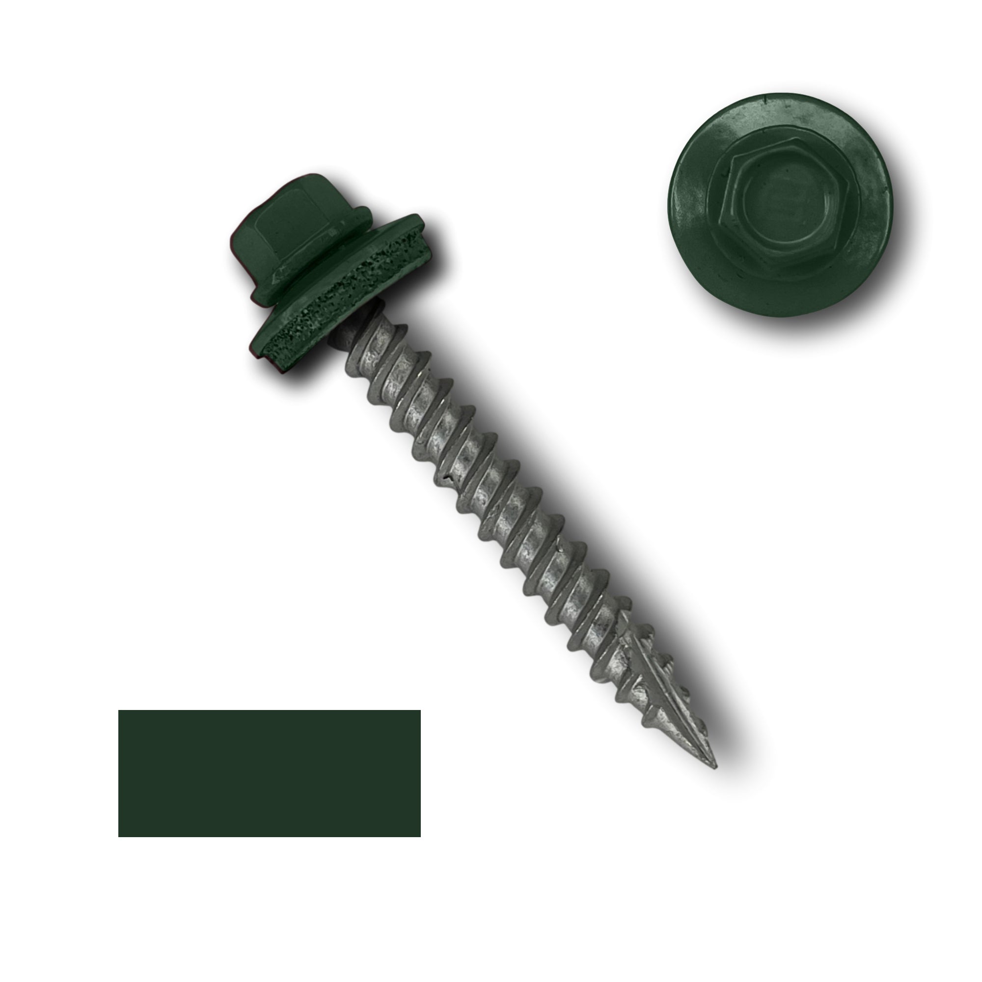 A number 10 Diameter Metal Roofing Screw that is 1.5 inches long with a 1/4 inch Hex Head and an EPDM Rubber Washer. The screw features a Type 17 sharp tip for drilling into wood decking. There is a color swatch of the screw head in the bottom left corner and a close-up of the screw head in the top right corner. The screw head is Forest Green in color.