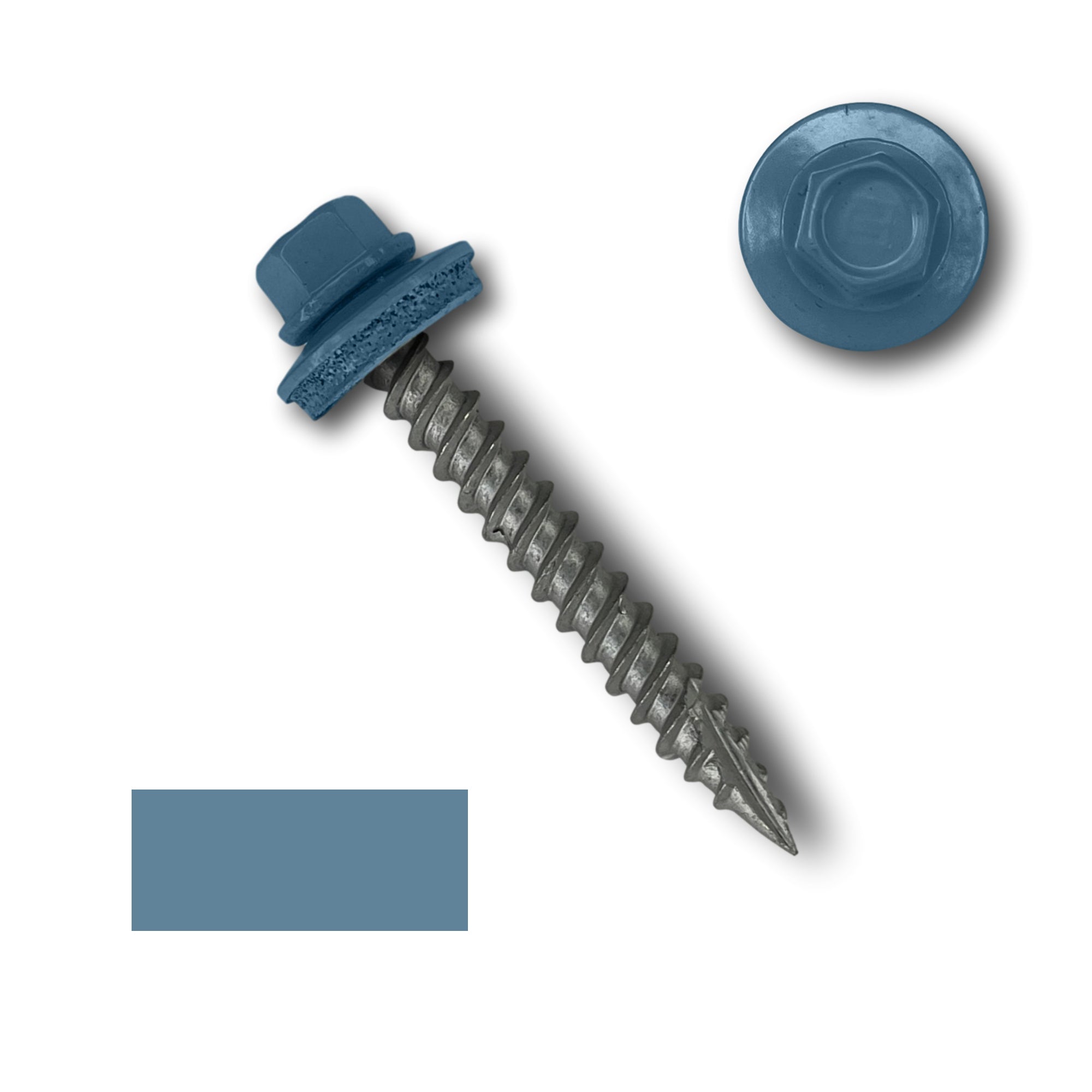 A number 10 Diameter Metal Roofing Screw that is 1.5 inches long with a 1/4 inch Hex Head and an EPDM Rubber Washer. The screw features a Type 17 sharp tip for drilling into wood decking. There is a color swatch of the screw head in the bottom left corner and a close-up of the screw head in the top right corner. The screw head is Hawaiian Blue in color.