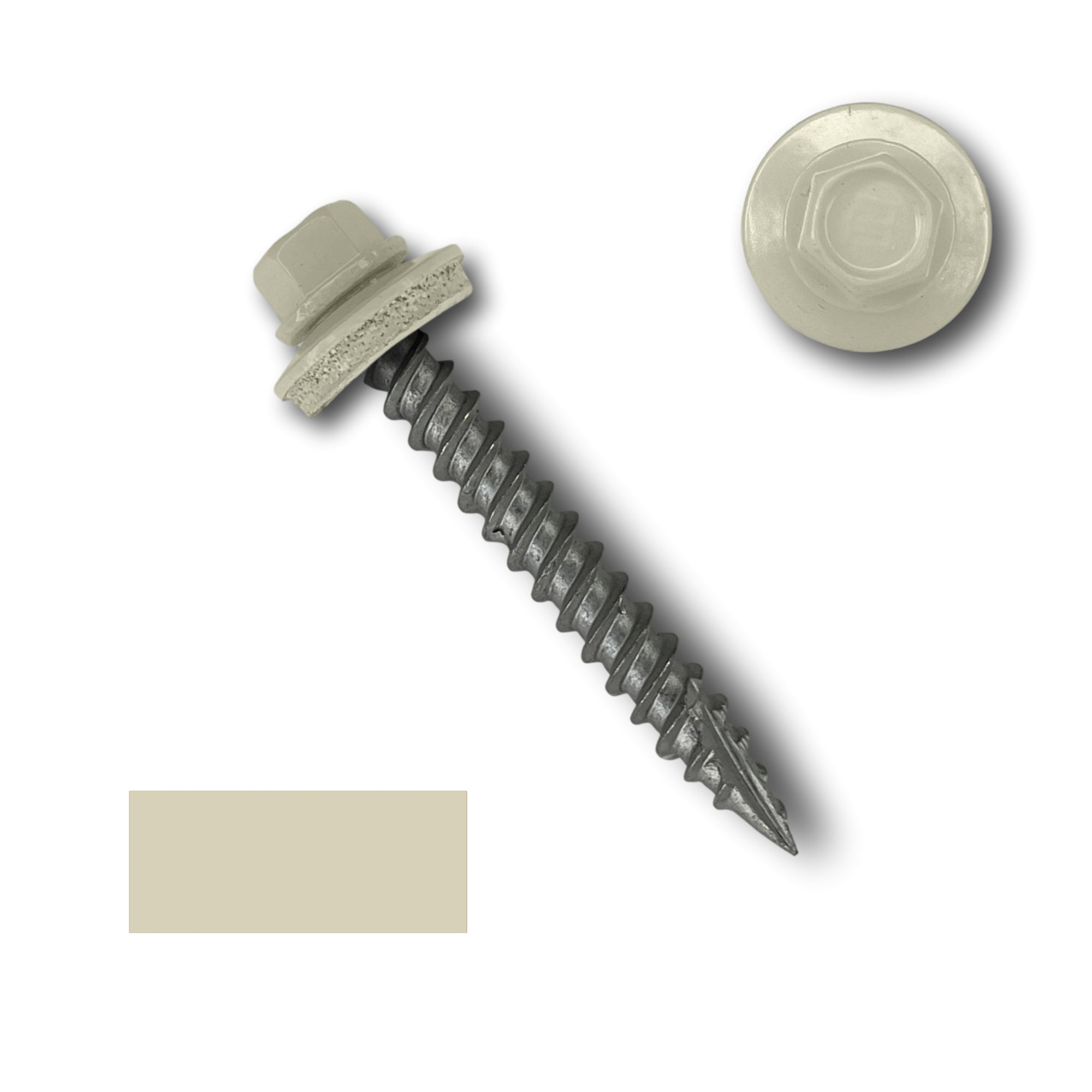 A number 10 Diameter Metal Roofing Screw that is 1.5 inches long with a 1/4 inch Hex Head and an EPDM Rubber Washer. The screw features a Type 17 sharp tip for drilling into wood decking. There is a color swatch of the screw head in the bottom left corner and a close-up of the screw head in the top right corner. The screw head is Lightstone in color.