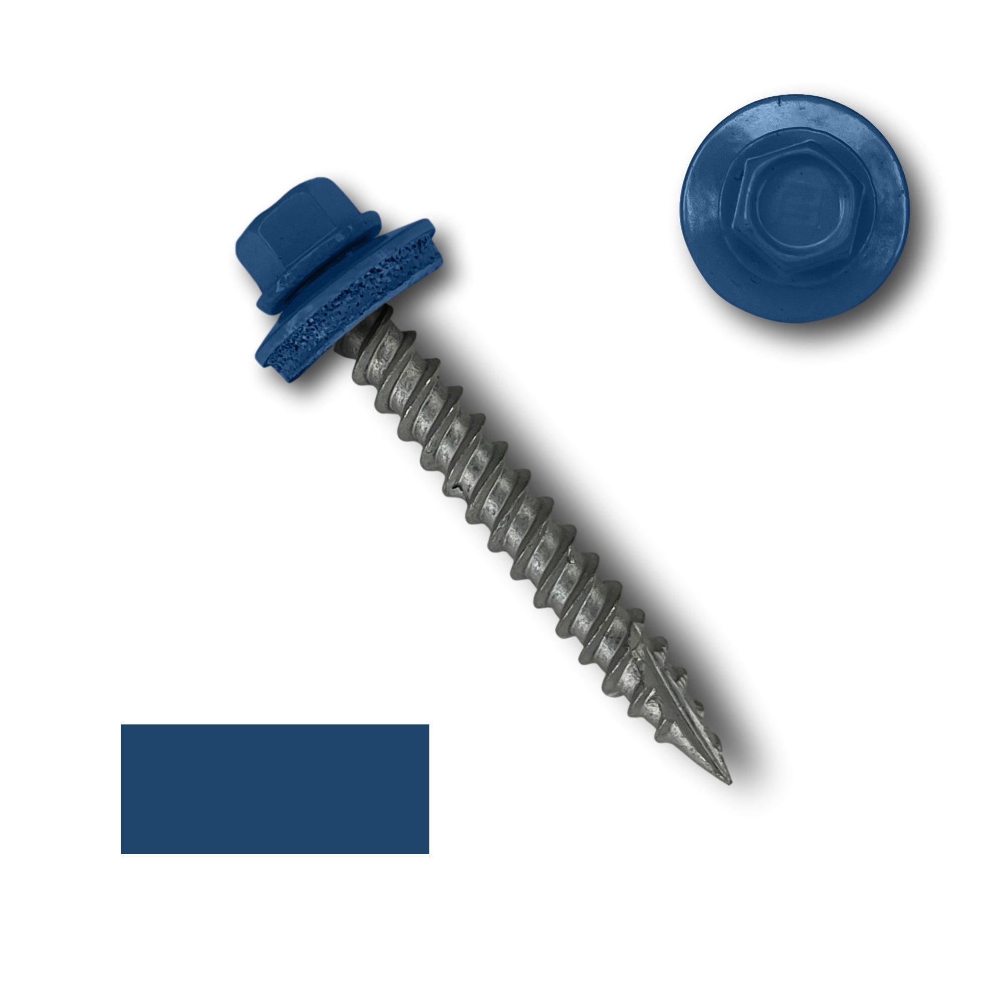 A number 10 Diameter Metal Roofing Screw that is 1.5 inches long with a 1/4 inch Hex Head and an EPDM Rubber Washer. The screw features a Type 17 sharp tip for drilling into wood decking. There is a color swatch of the screw head in the bottom left corner and a close-up of the screw head in the top right corner. The screw head is Regal Blue in color.
