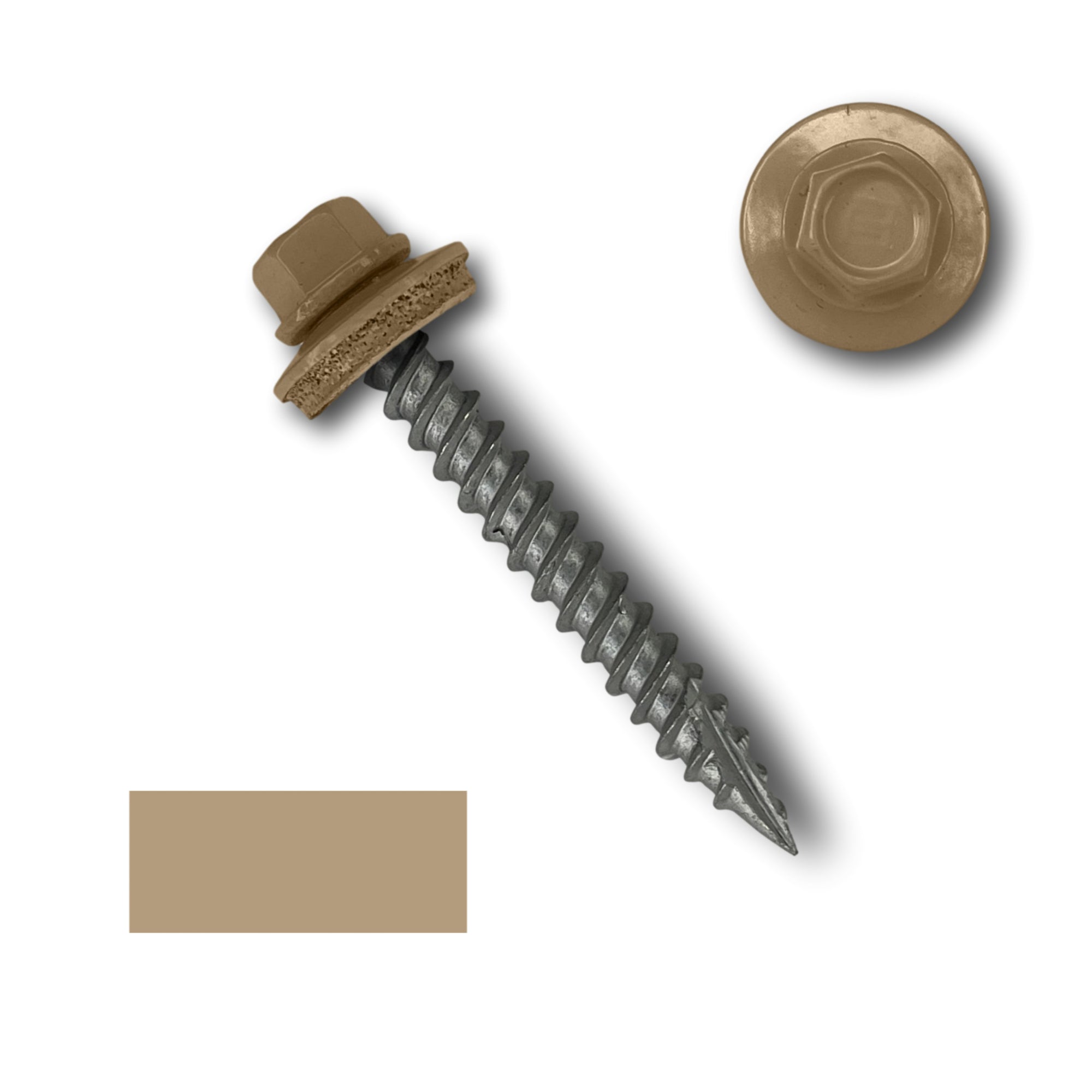 A number 10 Diameter Metal Roofing Screw that is 1.5 inches long with a 1/4 inch Hex Head and an EPDM Rubber Washer. The screw features a Type 17 sharp tip for drilling into wood decking. There is a color swatch of the screw head in the bottom left corner and a close-up of the screw head in the top right corner. The screw head is Sahara Tan in color.