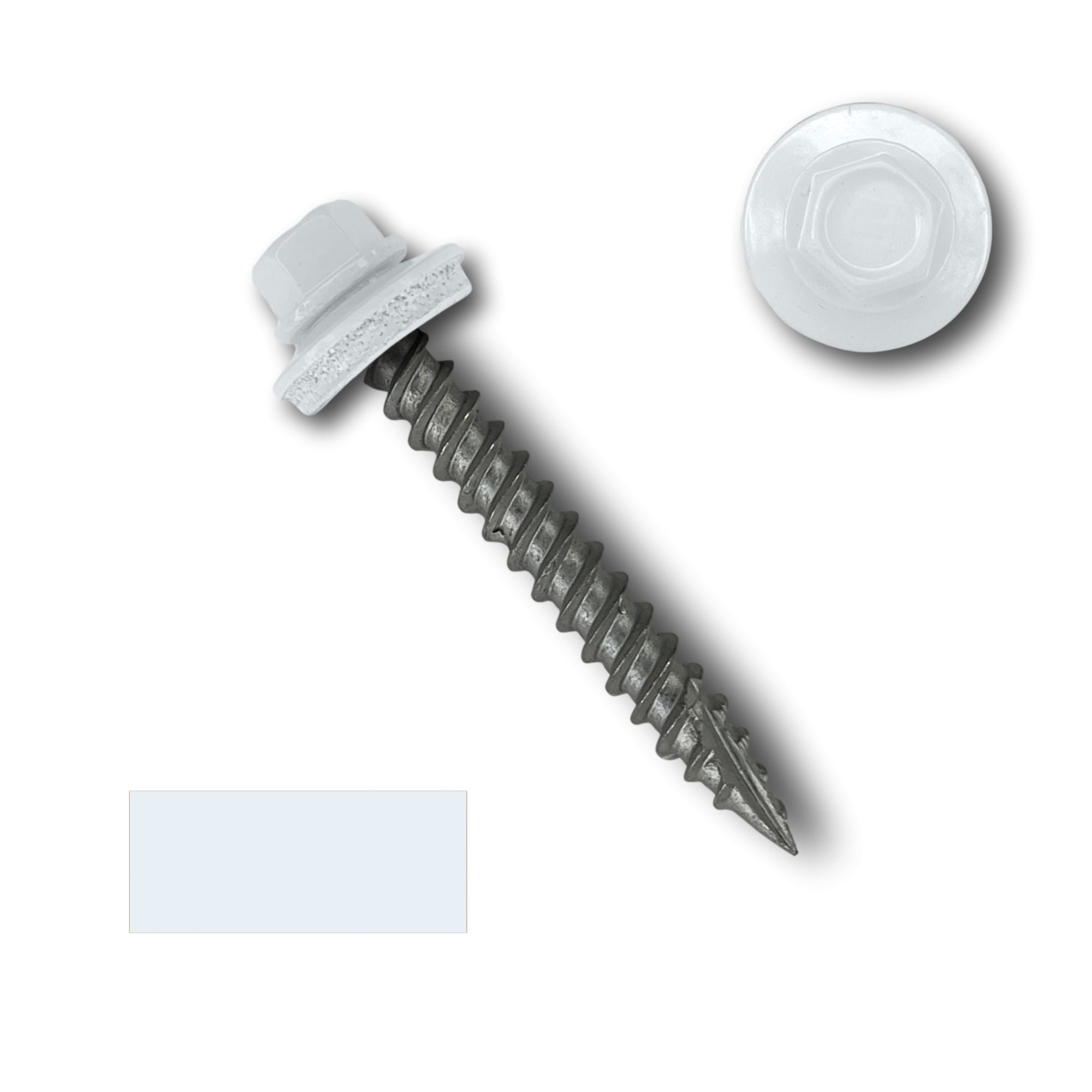 A number 10 Diameter Metal Roofing Screw that is 1.5 inches long with a 1/4 inch Hex Head and an EPDM Rubber Washer. The screw features a Type 17 sharp tip for drilling into wood decking. There is a color swatch of the screw head in the bottom left corner and a close-up of the screw head in the top right corner. The screw head is White in color.
