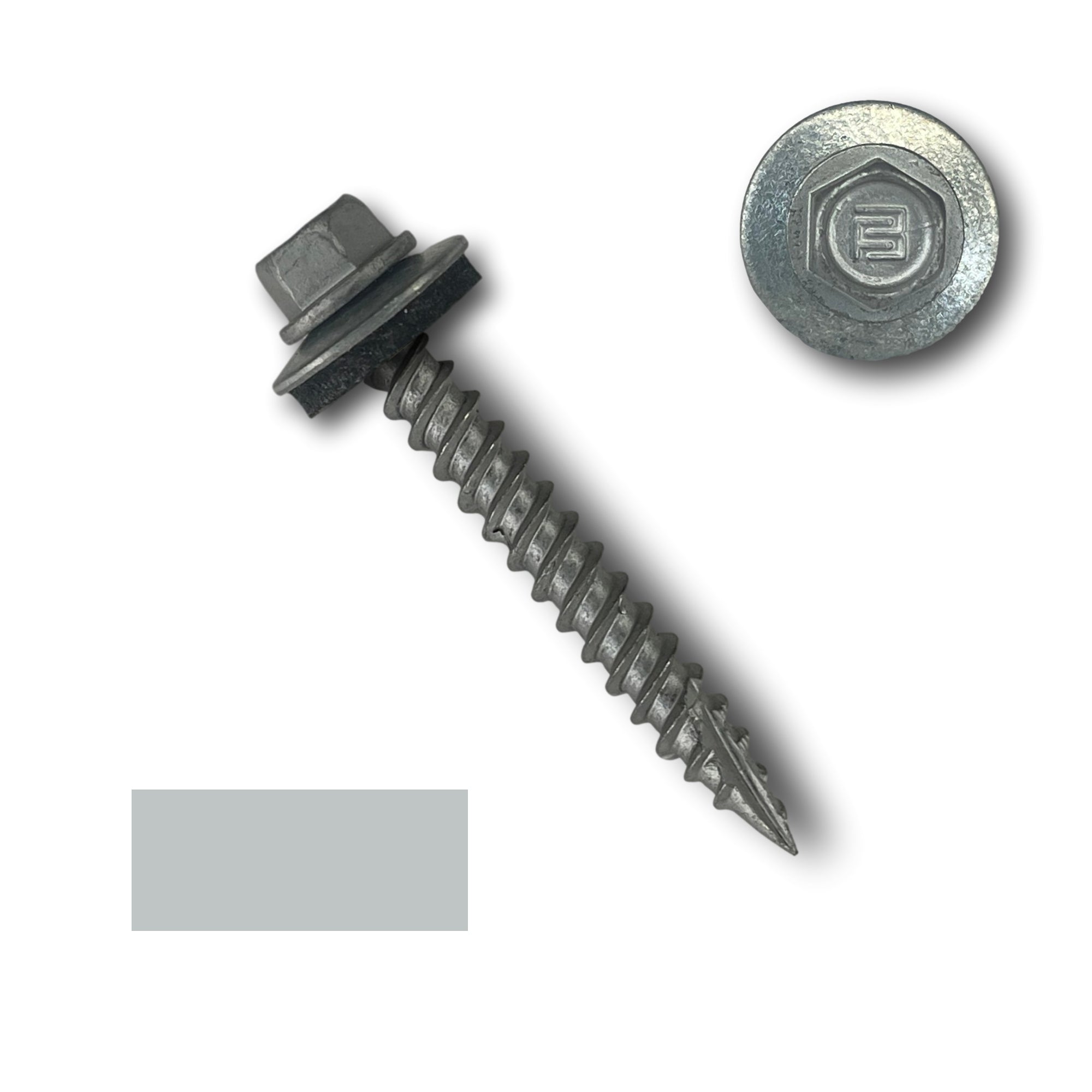 A number 10 Diameter Metal Roofing Screw that is 1.5 inches long with a 1/4 inch Hex Head and an EPDM Rubber Washer. The screw features a Type 17 sharp tip for drilling into wood decking. There is a color swatch of the screw head in the bottom left corner and a close-up of the screw head in the top right corner. The screw is Zinc/Unpainted in color.