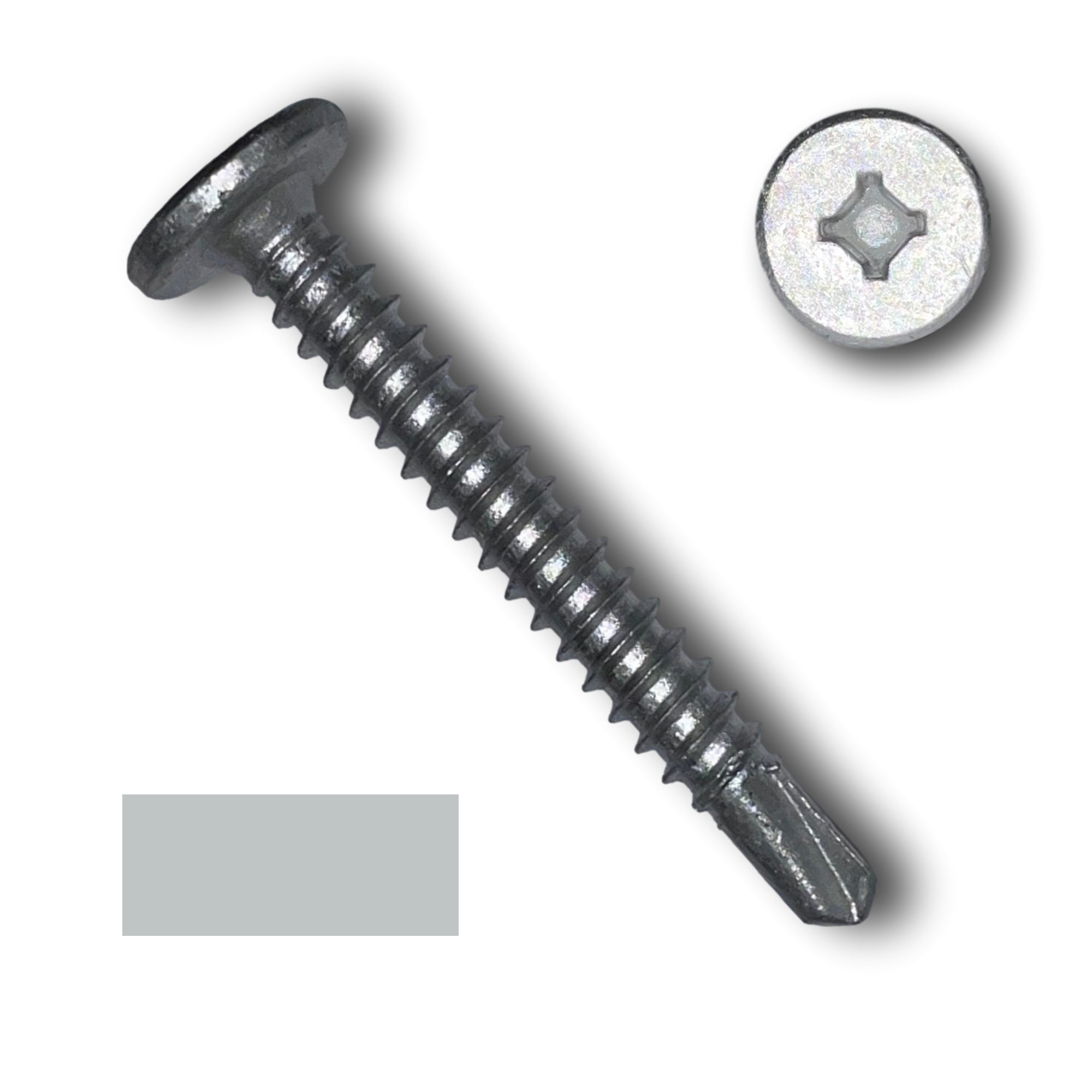 A zinc plated screw with a flat head used for standing seam metal roofing clips. This screw is 1.5 inches long and has a drill tip to be used in steel purlins. There is a color swatch in the bottom left corner and a close-up of the screw head in the top right corner. The screw is unpainted/silver in color.