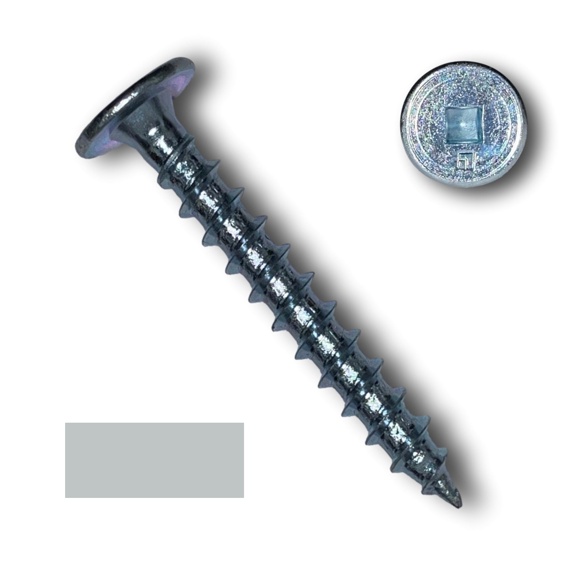 A zinc plated screw with a flat head used for standing seam metal roofing clips. This screw is 1.5 inches long and has a sharp tip to be used in wood decking. There is a color swatch in the bottom left corner and a close-up of the screw head in the top right corner. The screw is unpainted/silver in color.