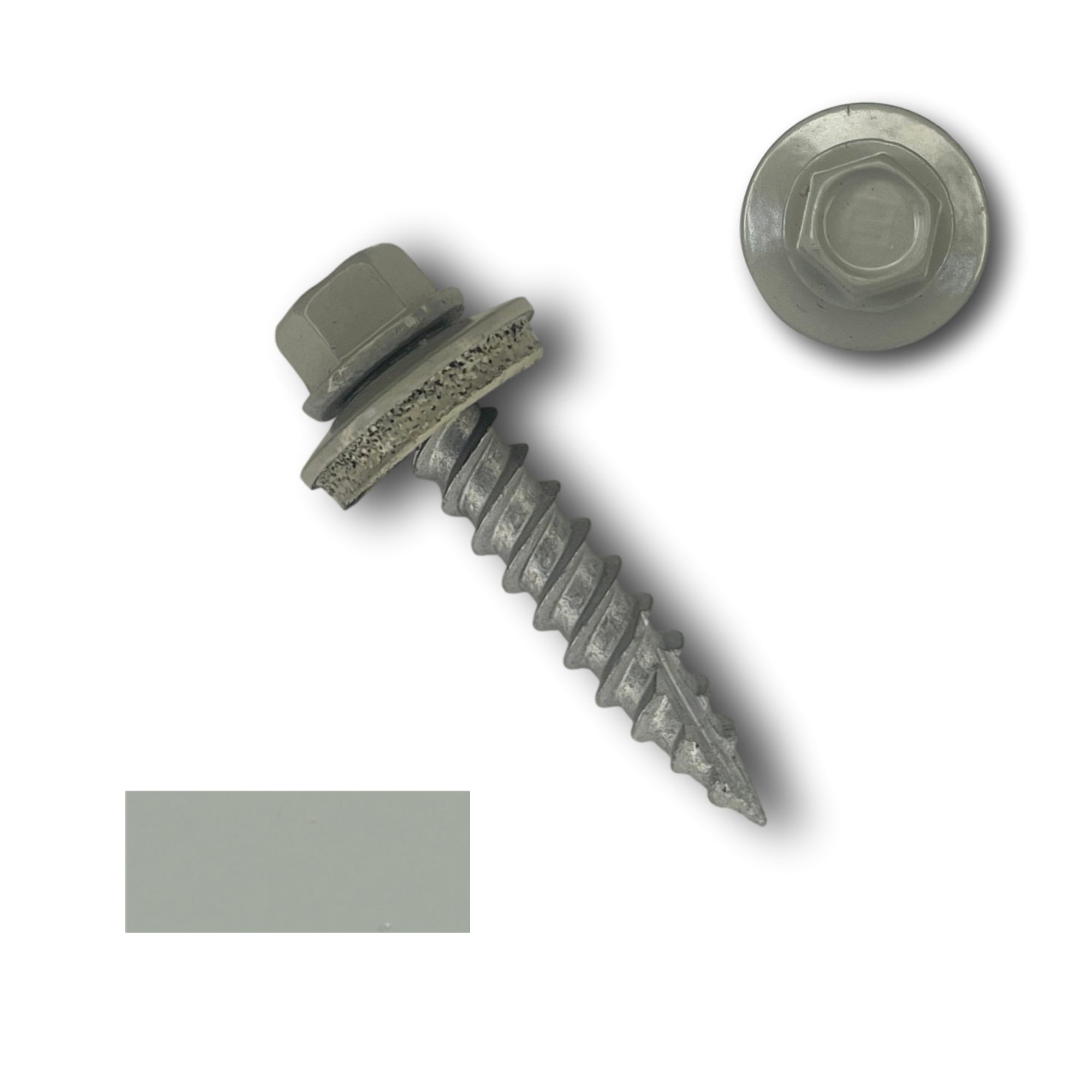 A number 10 Diameter Metal Roofing Screw that is 1 inch long with a 1/4 inch Hex Head and an EPDM Rubber Washer. The screw features a Type 17 sharp tip for drilling into wood decking. There is a color swatch of the screw head in the bottom left corner and a close-up of the screw head in the top right corner. The screw head is Ash Gray in color.