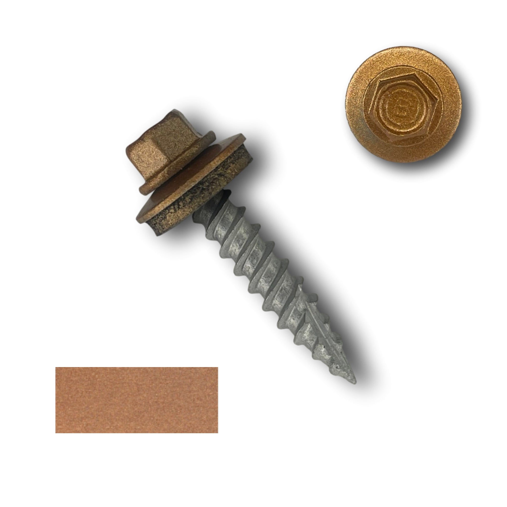 A number 10 Diameter Metal Roofing Screw that is 1 inch long with a 1/4 inch Hex Head and an EPDM Rubber Washer. The screw features a Type 17 sharp tip for drilling into wood decking. There is a color swatch of the screw head in the bottom left corner and a close-up of the screw head in the top right corner. The screw head is Copper Metallic in color.