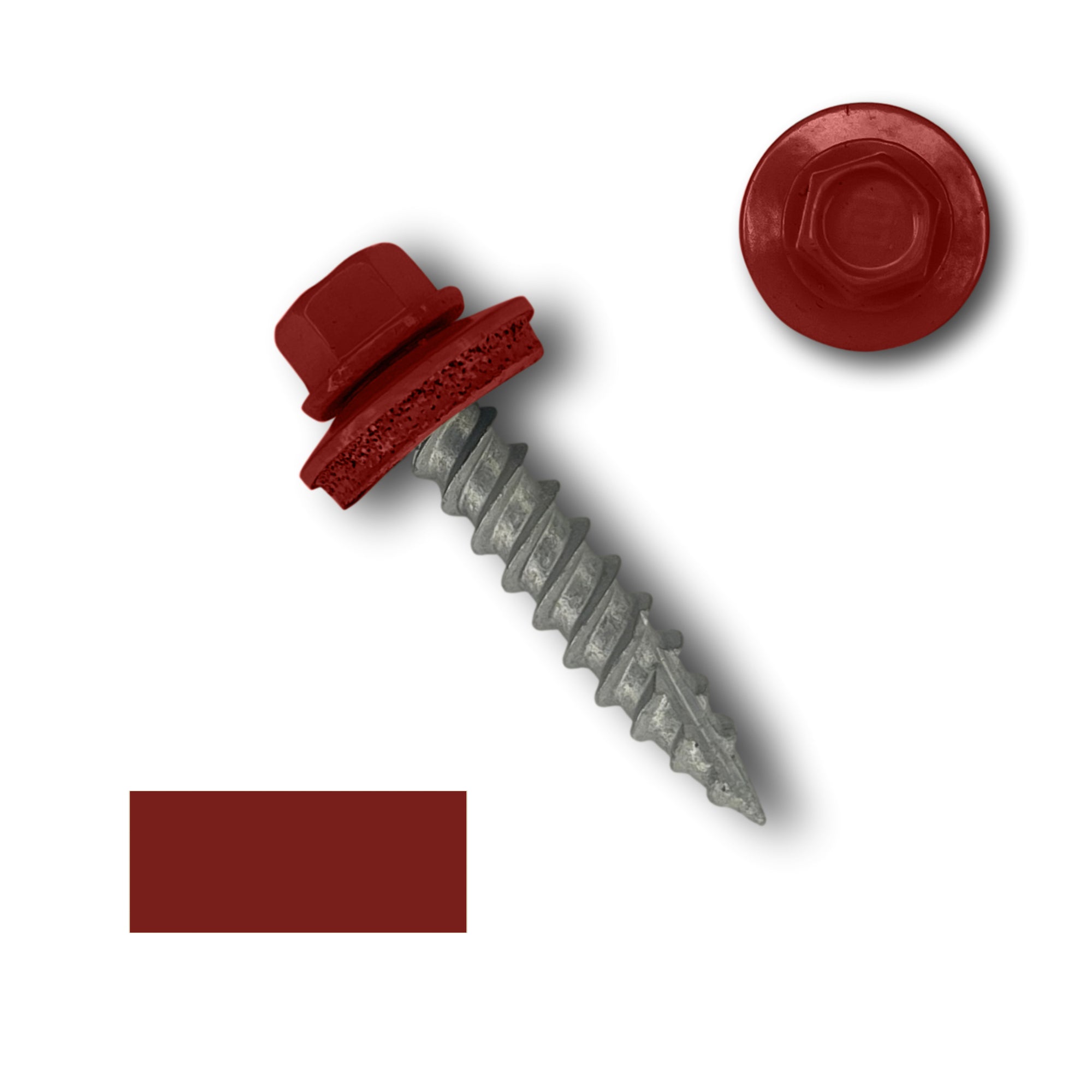 A number 10 Diameter Metal Roofing Screw that is 1 inch long with a 1/4 inch Hex Head and an EPDM Rubber Washer. The screw features a Type 17 sharp tip for drilling into wood decking. There is a color swatch of the screw head in the bottom left corner and a close-up of the screw head in the top right corner. The screw head is Barn Red in color.