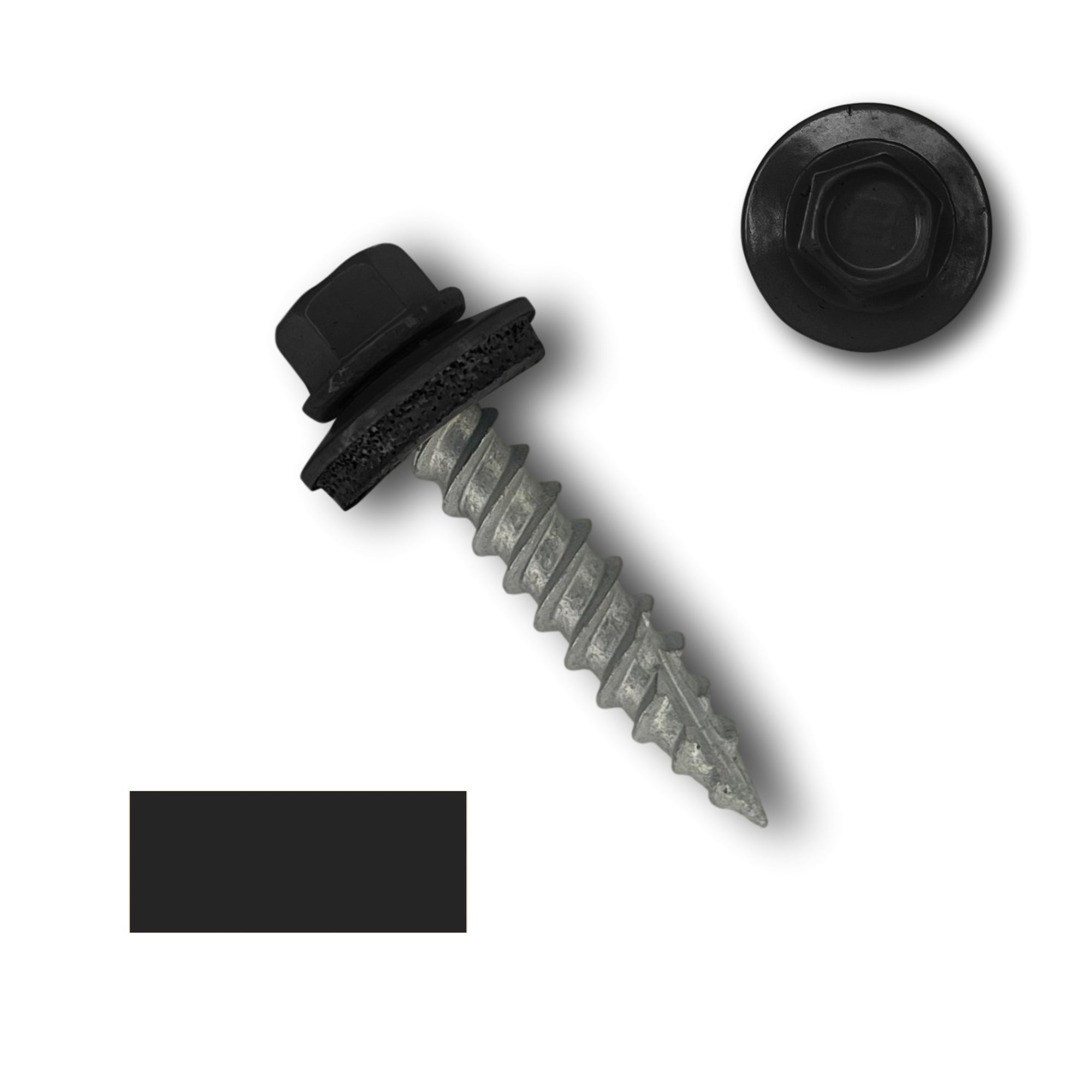 A number 10 Diameter Metal Roofing Screw that is 1 inch long with a 1/4 inch Hex Head and an EPDM Rubber Washer. The screw features a Type 17 sharp tip for drilling into wood decking. There is a color swatch of the screw head in the bottom left corner and a close-up of the screw head in the top right corner. The screw head is Black in color.