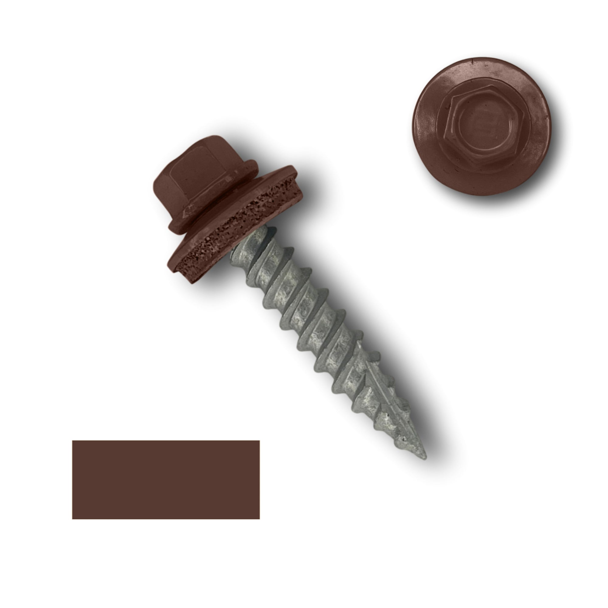A number 10 Diameter Metal Roofing Screw that is 1 inch long with a 1/4 inch Hex Head and an EPDM Rubber Washer. The screw features a Type 17 sharp tip for drilling into wood decking. There is a color swatch of the screw head in the bottom left corner and a close-up of the screw head in the top right corner. The screw head is Brown in color.