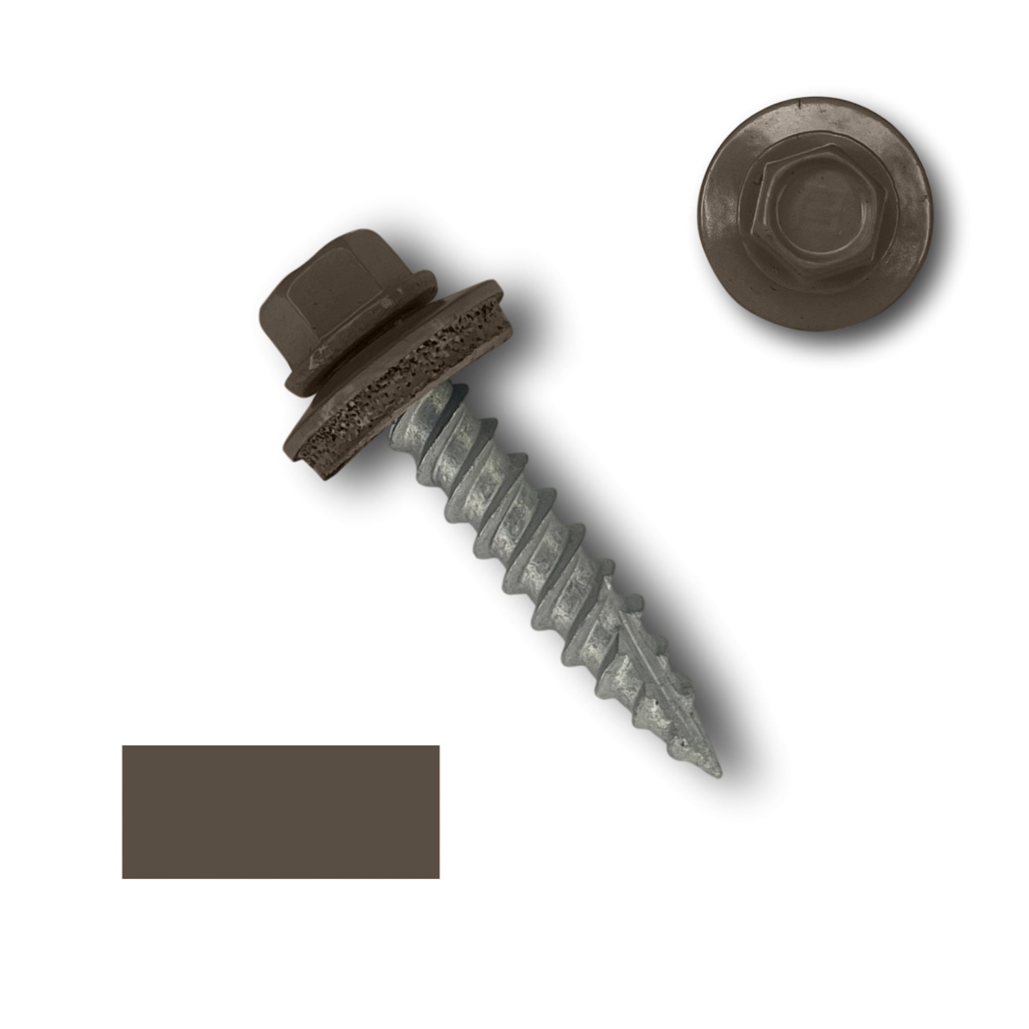 A number 10 Diameter Metal Roofing Screw that is 1 inch long with a 1/4 inch Hex Head and an EPDM Rubber Washer. The screw features a Type 17 sharp tip for drilling into wood decking. There is a color swatch of the screw head in the bottom left corner and a close-up of the screw head in the top right corner. The screw head is Burnished Slate in color.