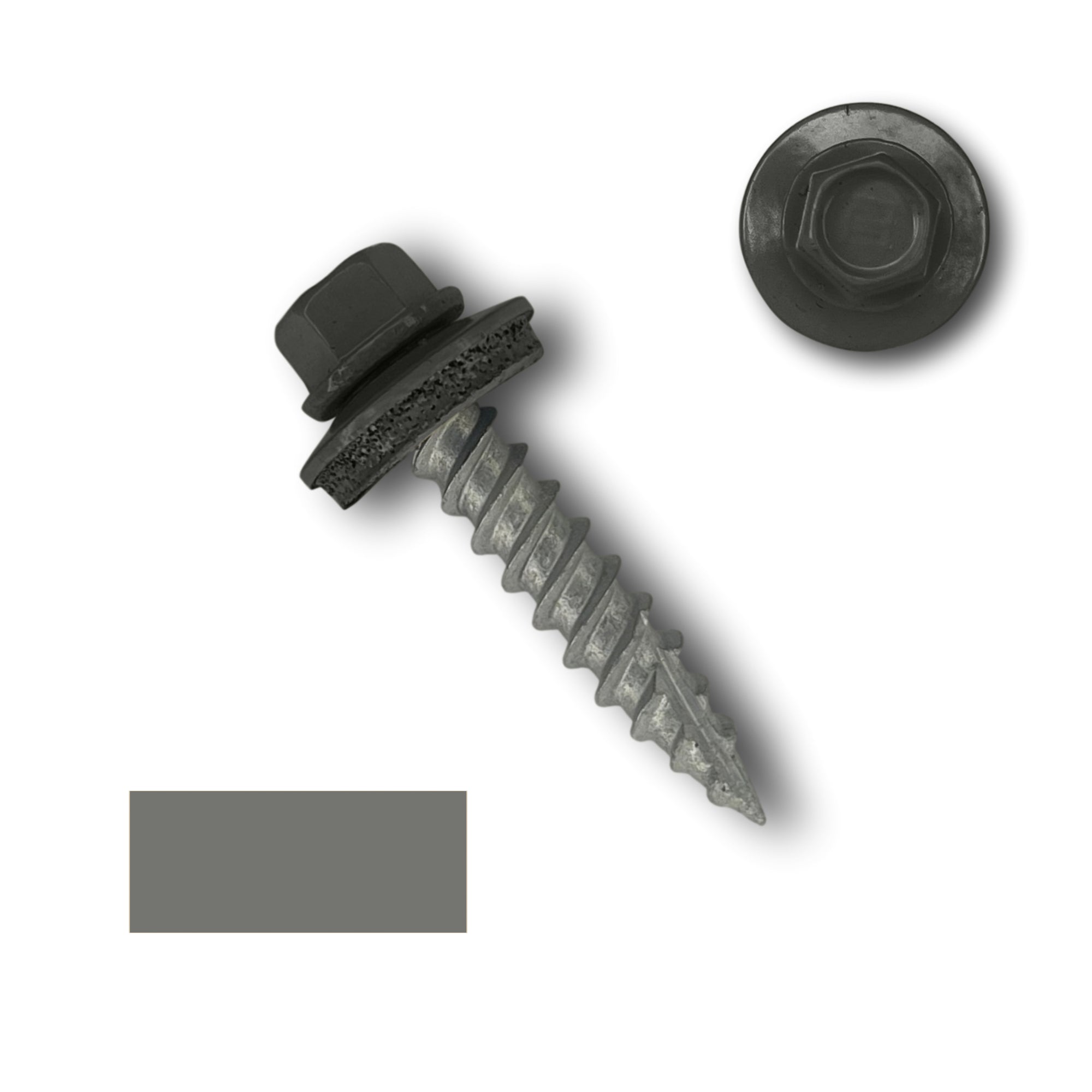 A number 10 Diameter Metal Roofing Screw that is 1 inch long with a 1/4 inch Hex Head and an EPDM Rubber Washer. The screw features a Type 17 sharp tip for drilling into wood decking. There is a color swatch of the screw head in the bottom left corner and a close-up of the screw head in the top right corner. The screw head is Charcoal Gray in color.