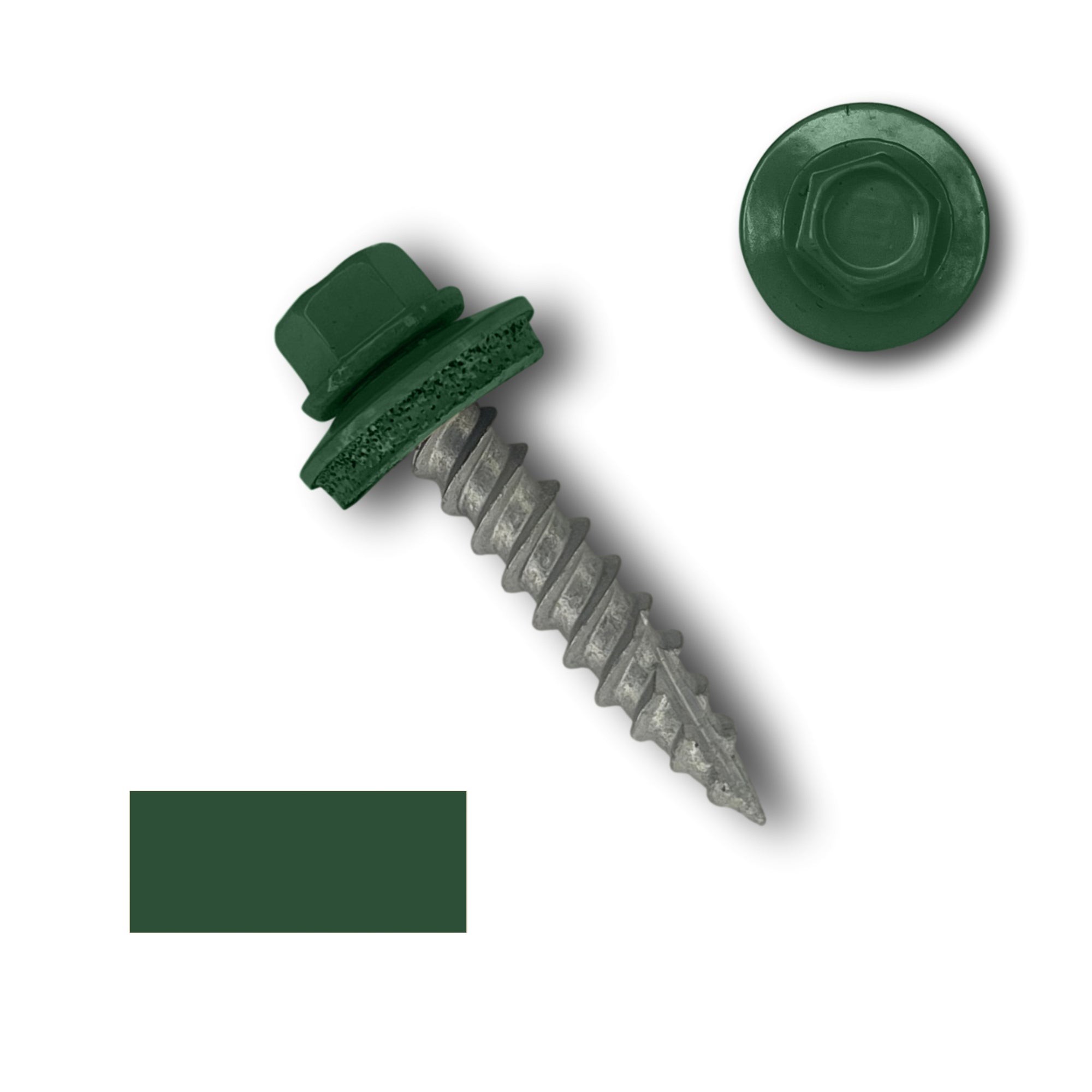 A number 10 Diameter Metal Roofing Screw that is 1 inch long with a 1/4 inch Hex Head and an EPDM Rubber Washer. The screw features a Type 17 sharp tip for drilling into wood decking. There is a color swatch of the screw head in the bottom left corner and a close-up of the screw head in the top right corner. The screw head is Evergreen in color.