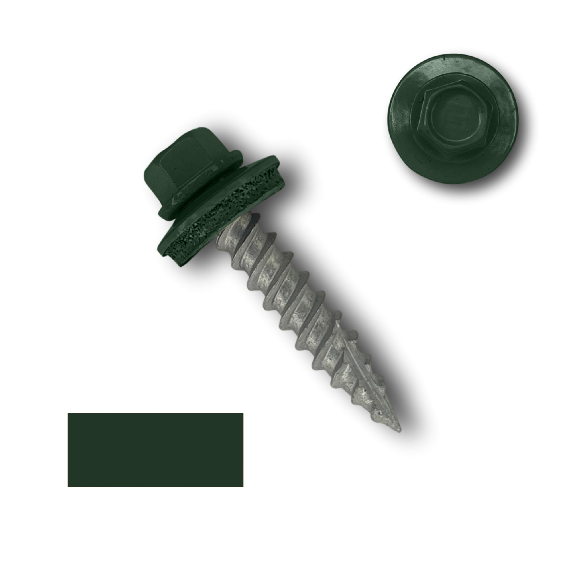 A number 10 Diameter Metal Roofing Screw that is 1 inch long with a 1/4 inch Hex Head and an EPDM Rubber Washer. The screw features a Type 17 sharp tip for drilling into wood decking. There is a color swatch of the screw head in the bottom left corner and a close-up of the screw head in the top right corner. The screw head is Forest Green in color.