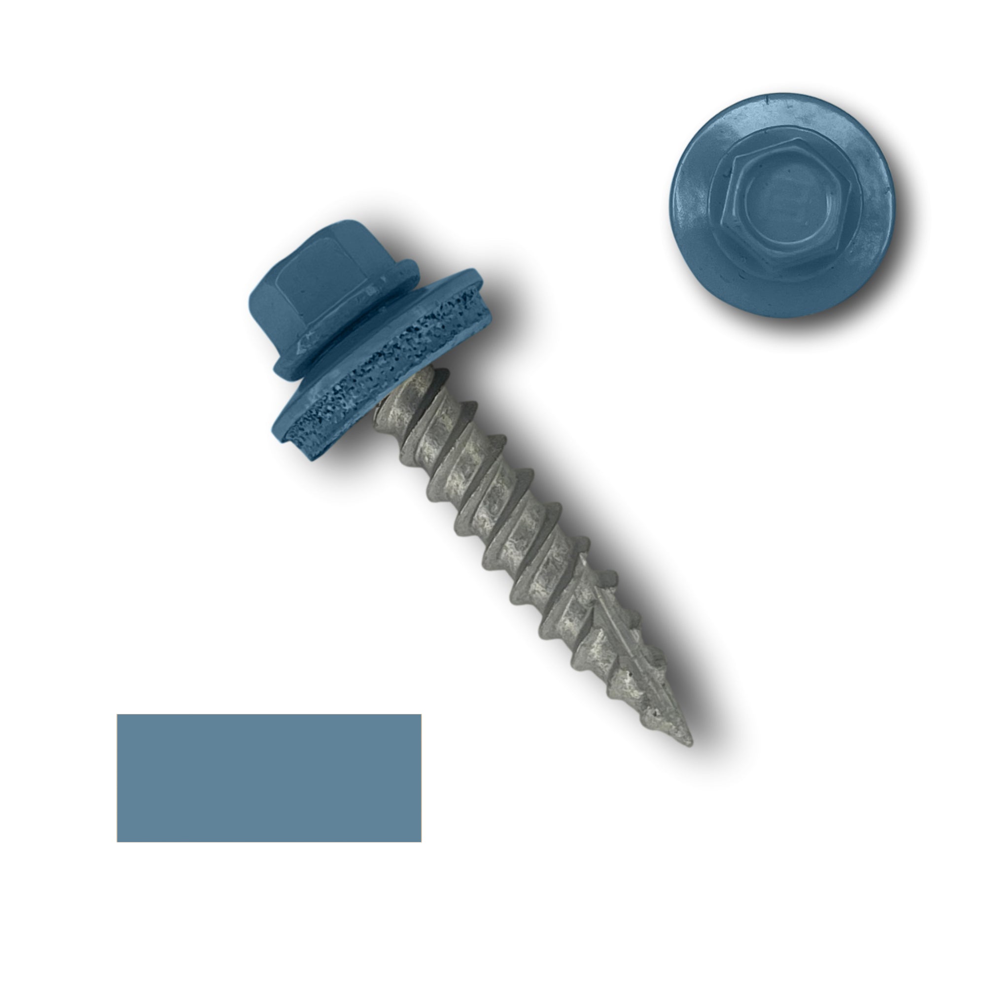 A number 10 Diameter Metal Roofing Screw that is 1 inch long with a 1/4 inch Hex Head and an EPDM Rubber Washer. The screw features a Type 17 sharp tip for drilling into wood decking. There is a color swatch of the screw head in the bottom left corner and a close-up of the screw head in the top right corner. The screw head is Hawaiian Blue in color.