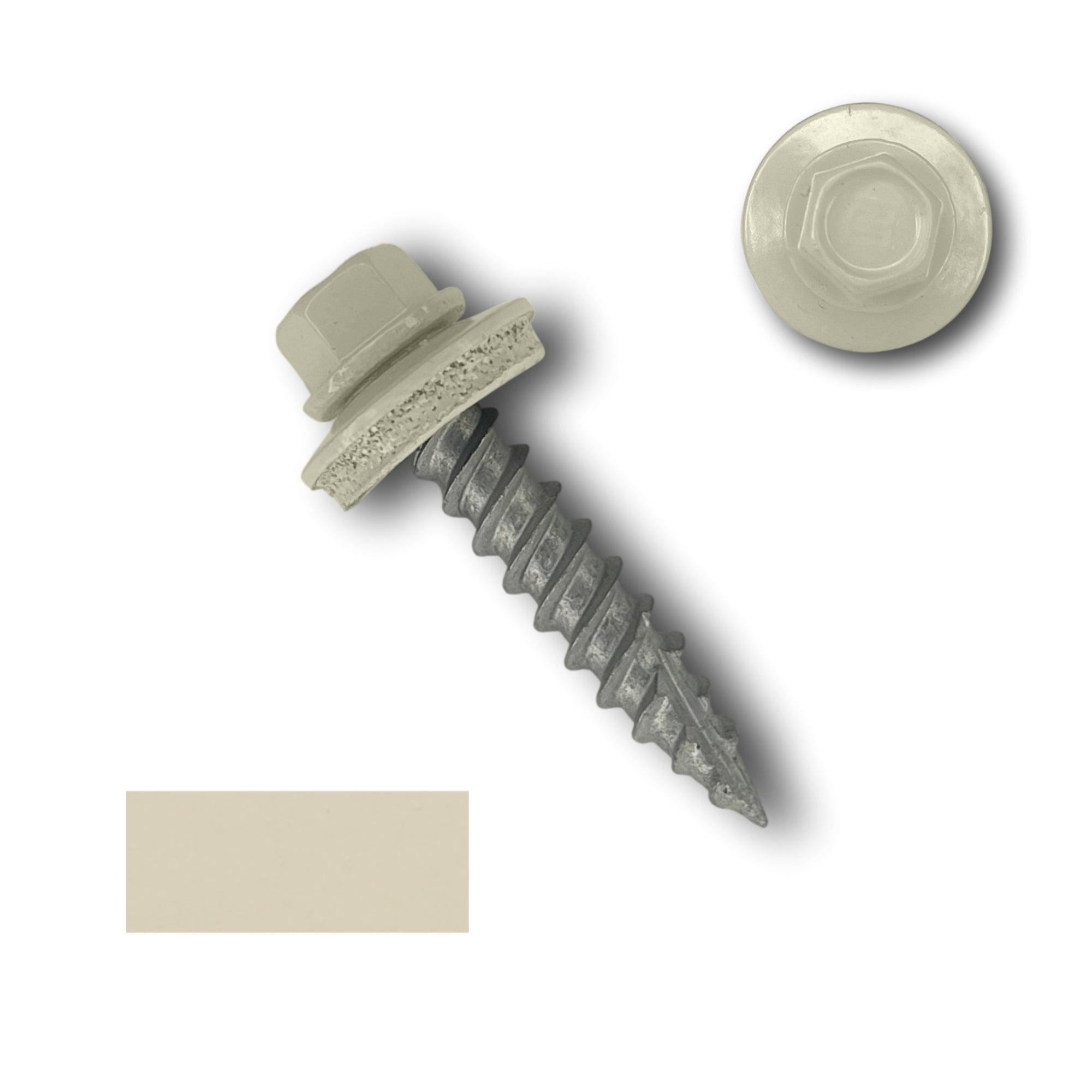 A number 10 Diameter Metal Roofing Screw that is 1 inch long with a 1/4 inch Hex Head and an EPDM Rubber Washer. The screw features a Type 17 sharp tip for drilling into wood decking. There is a color swatch of the screw head in the bottom left corner and a close-up of the screw head in the top right corner. The screw head is Lightstone in color.