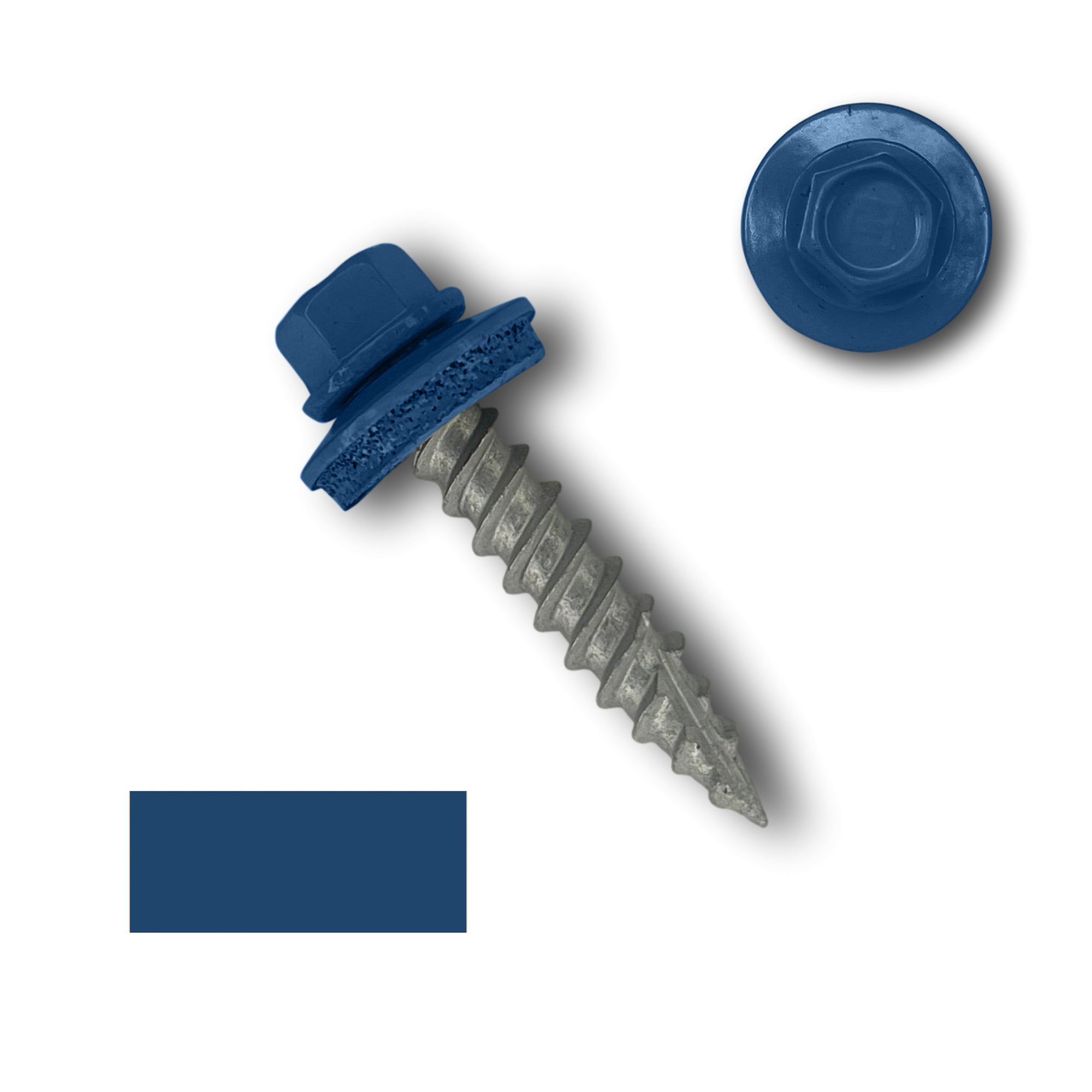 A number 10 Diameter Metal Roofing Screw that is 1 inch long with a 1/4 inch Hex Head and an EPDM Rubber Washer. The screw features a Type 17 sharp tip for drilling into wood decking. There is a color swatch of the screw head in the bottom left corner and a close-up of the screw head in the top right corner. The screw head is Regal Blue in color.