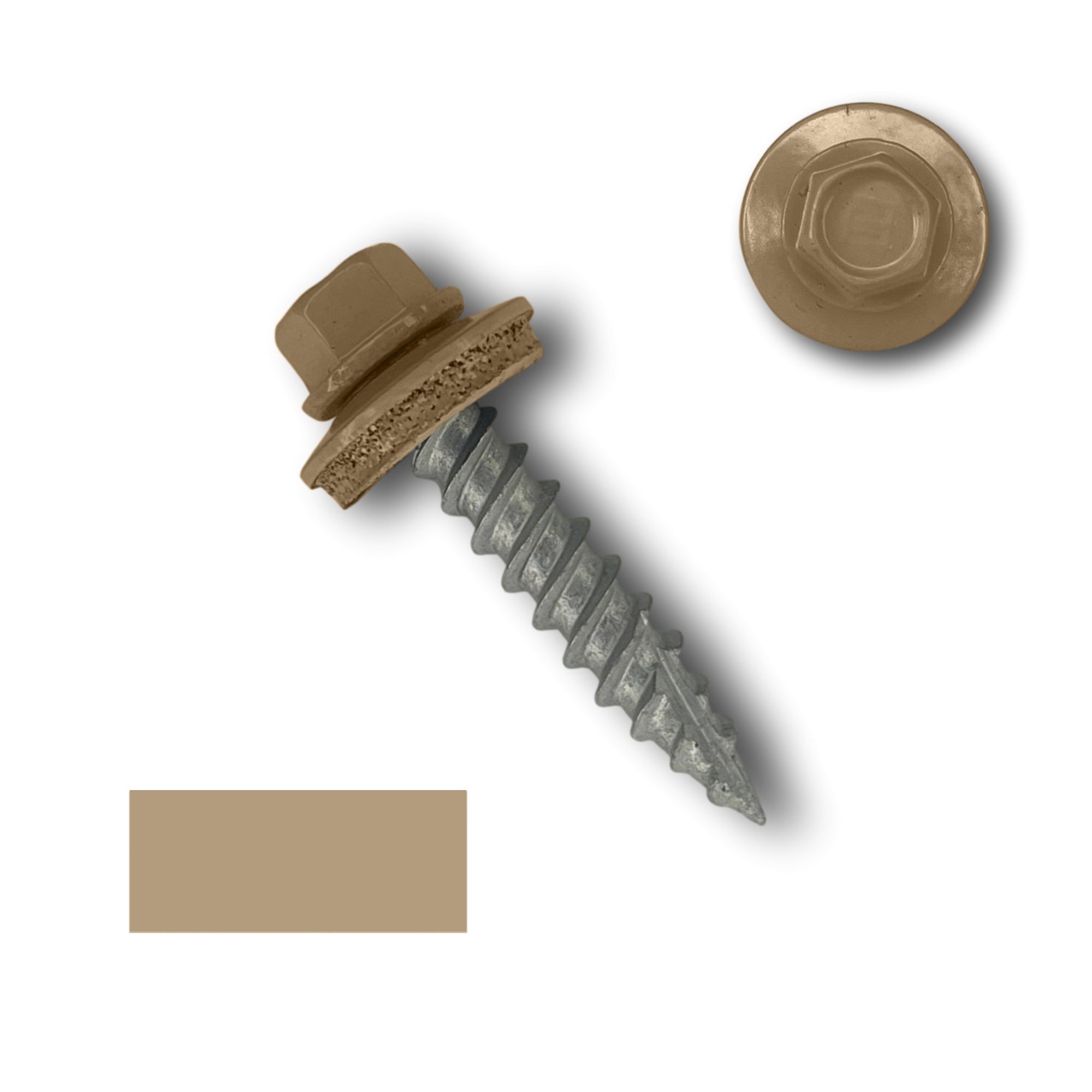 A number 10 Diameter Metal Roofing Screw that is 1 inch long with a 1/4 inch Hex Head and an EPDM Rubber Washer. The screw features a Type 17 sharp tip for drilling into wood decking. There is a color swatch of the screw head in the bottom left corner and a close-up of the screw head in the top right corner. The screw head is Sahara Tan in color.