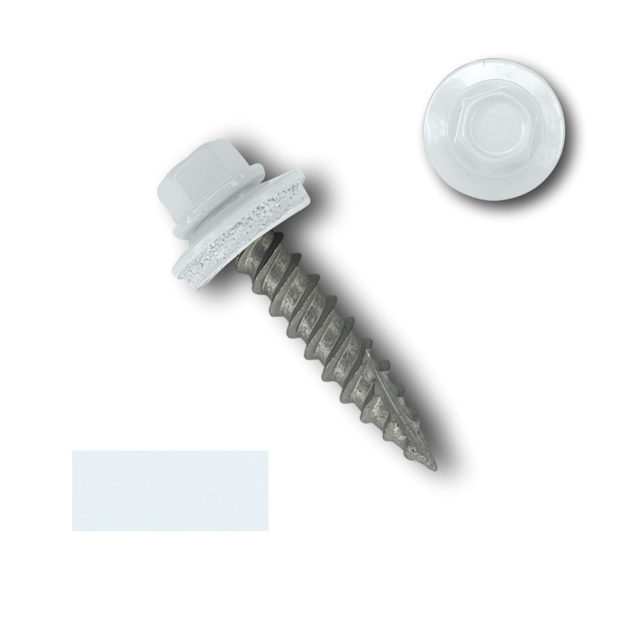 A number 10 Diameter Metal Roofing Screw that is 1 inch long with a 1/4 inch Hex Head and an EPDM Rubber Washer. The screw features a Type 17 sharp tip for drilling into wood decking. There is a color swatch of the screw head in the bottom left corner and a close-up of the screw head in the top right corner. The screw head is White in color.