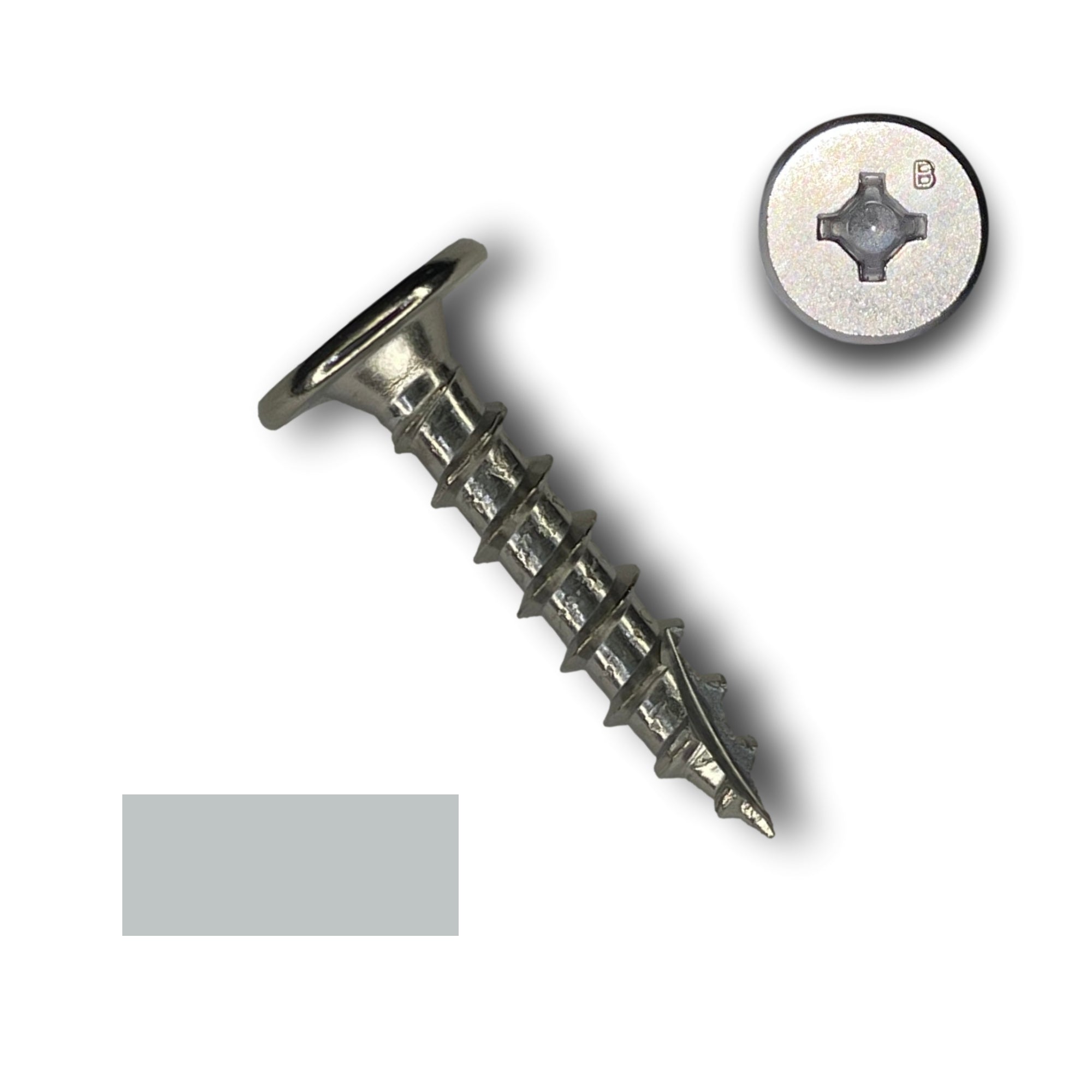 A Stainless Steel screw with a flat head used for standing seam metal roofing clips. This screw has a sharp tip and is used in wood decking. The image features a color swatch in the bottom left corner and a close-up of the screw head in the top right corner. The screw is Stainless Steel, therefore is unpainted/silver in color.
