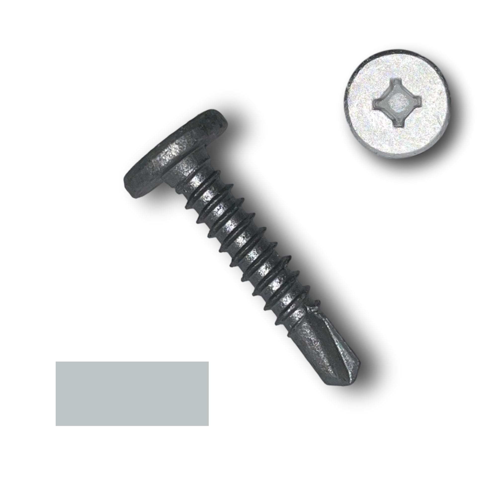 A zinc plated screw with a flat head used for standing seam metal roofing clips. This screw is 1 inch long and has a drill tip to be used in steel purlins. There is a color swatch in the bottom left corner and a close-up of the screw head in the top right corner. The screw is unpainted/silver in color.