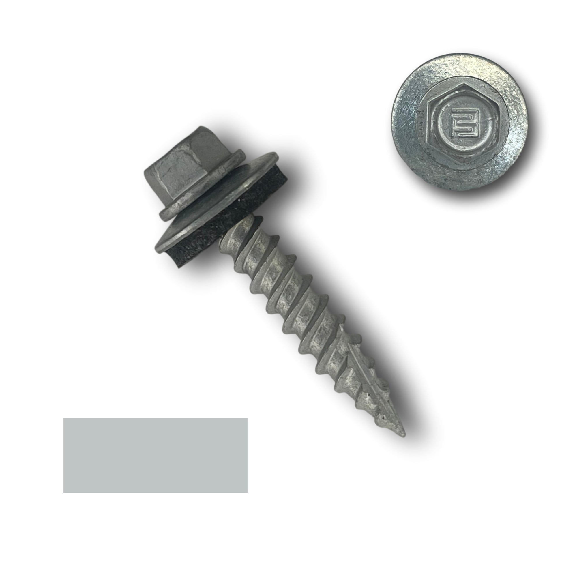 A number 10 Diameter Metal Roofing Screw that is 1 inch long with a 1/4 inch Hex Head and an EPDM Rubber Washer. The screw features a Type 17 sharp tip for drilling into wood decking. There is a color swatch of the screw head in the bottom left corner and a close-up of the screw head in the top right corner. The screw is Zinc/Unpainted in color.