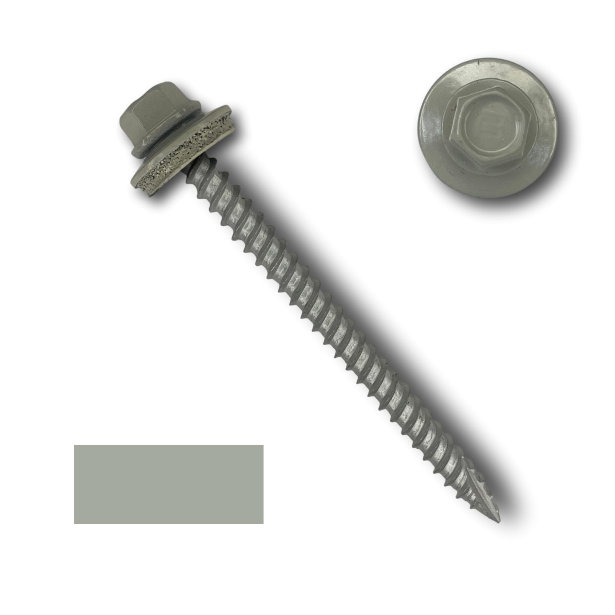 A number 10 Diameter Metal Roofing Screw that is 2.5 inches long with a 1/4 inch Hex Head and an EPDM Rubber Washer. The screw features a Type 17 sharp tip for drilling into wood decking. There is a color swatch of the screw head in the bottom left corner and a close-up of the screw head in the top right corner. The screw head is Ash Gray in color.