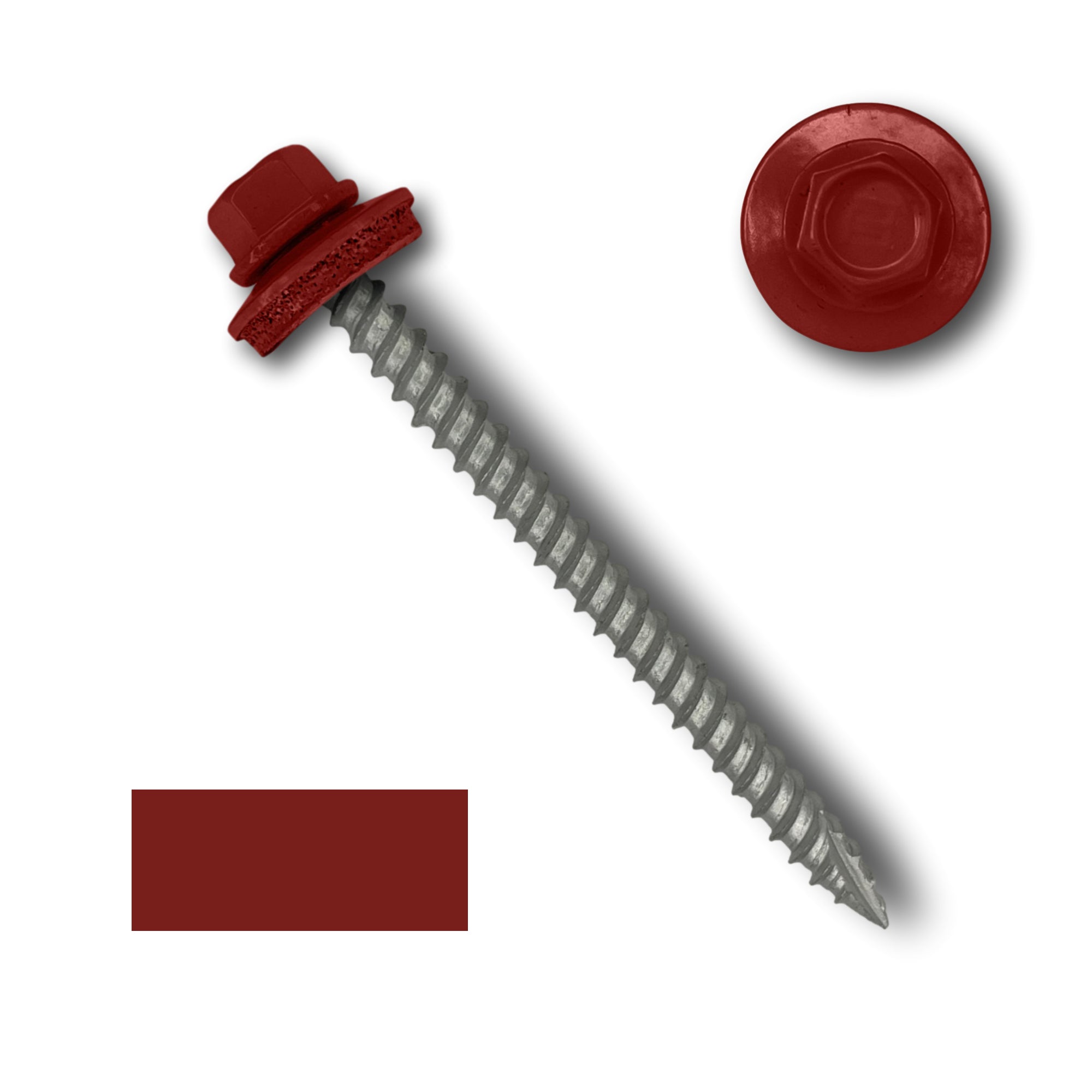 A number 10 Diameter Metal Roofing Screw that is 2.5 inches long with a 1/4 inch Hex Head and an EPDM Rubber Washer. The screw features a Type 17 sharp tip for drilling into wood decking. There is a color swatch of the screw head in the bottom left corner and a close-up of the screw head in the top right corner. The screw head is Barn Red in color.
