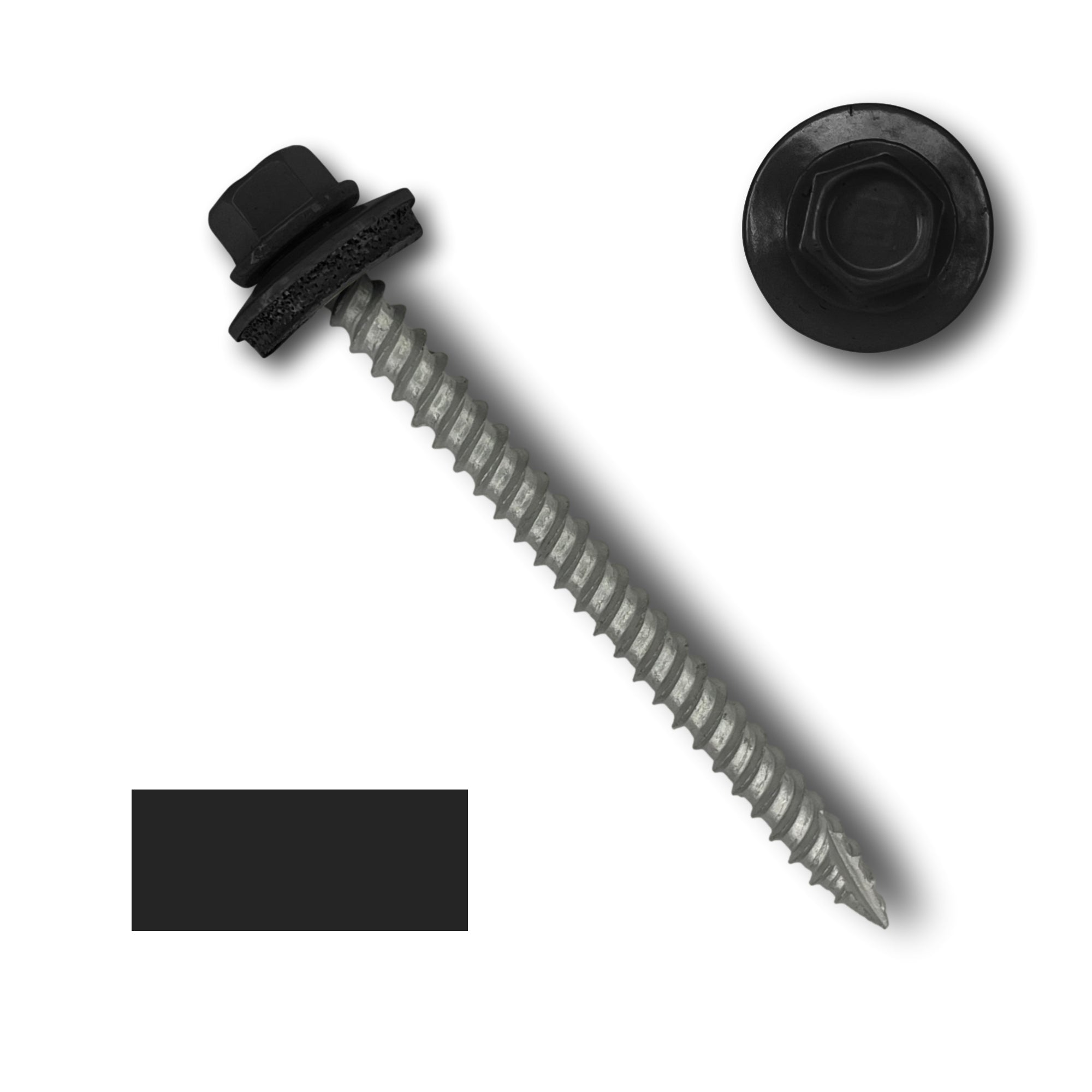 A number 10 Diameter Metal Roofing Screw that is 2.5 inches long with a 1/4 inch Hex Head and an EPDM Rubber Washer. The screw features a Type 17 sharp tip for drilling into wood decking. There is a color swatch of the screw head in the bottom left corner and a close-up of the screw head in the top right corner. The screw head is Black in color.