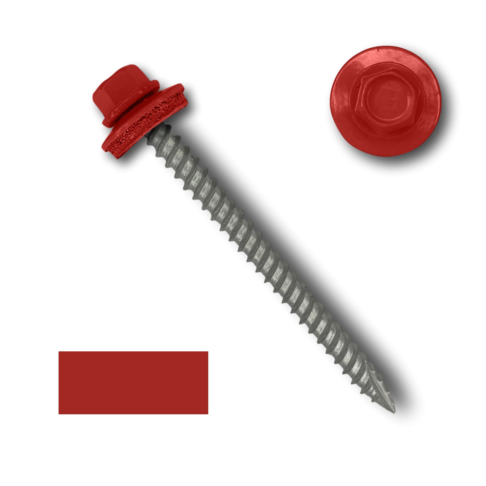 A number 10 Diameter Metal Roofing Screw that is 2.5 inches long with a 1/4 inch Hex Head and an EPDM Rubber Washer. The screw features a Type 17 sharp tip for drilling into wood decking. There is a color swatch of the screw head in the bottom left corner and a close-up of the screw head in the top right corner. The screw head is Bright Red in color.