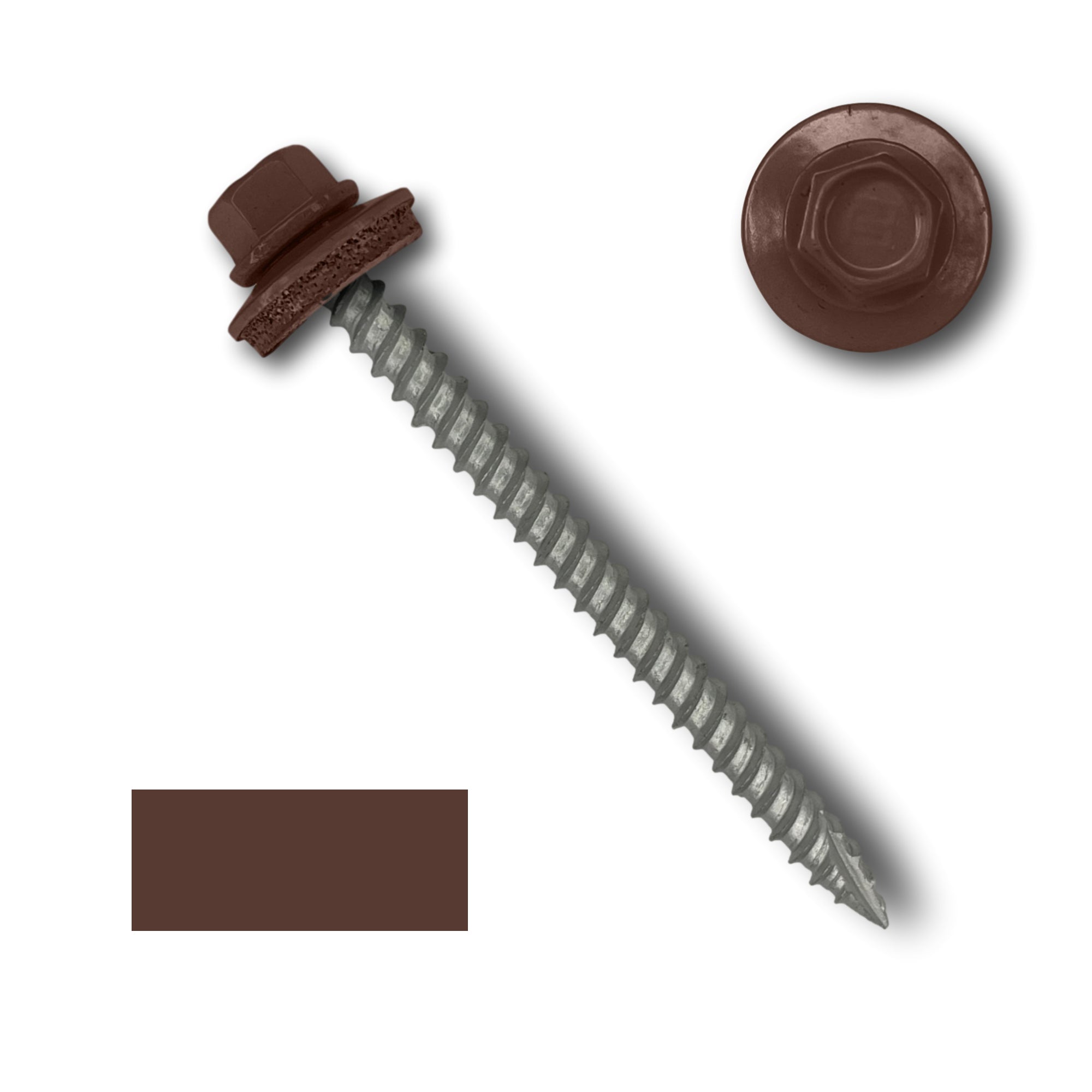 A number 10 Diameter Metal Roofing Screw that is 2.5 inches long with a 1/4 inch Hex Head and an EPDM Rubber Washer. The screw features a Type 17 sharp tip for drilling into wood decking. There is a color swatch of the screw head in the bottom left corner and a close-up of the screw head in the top right corner. The screw head is Brown in color.