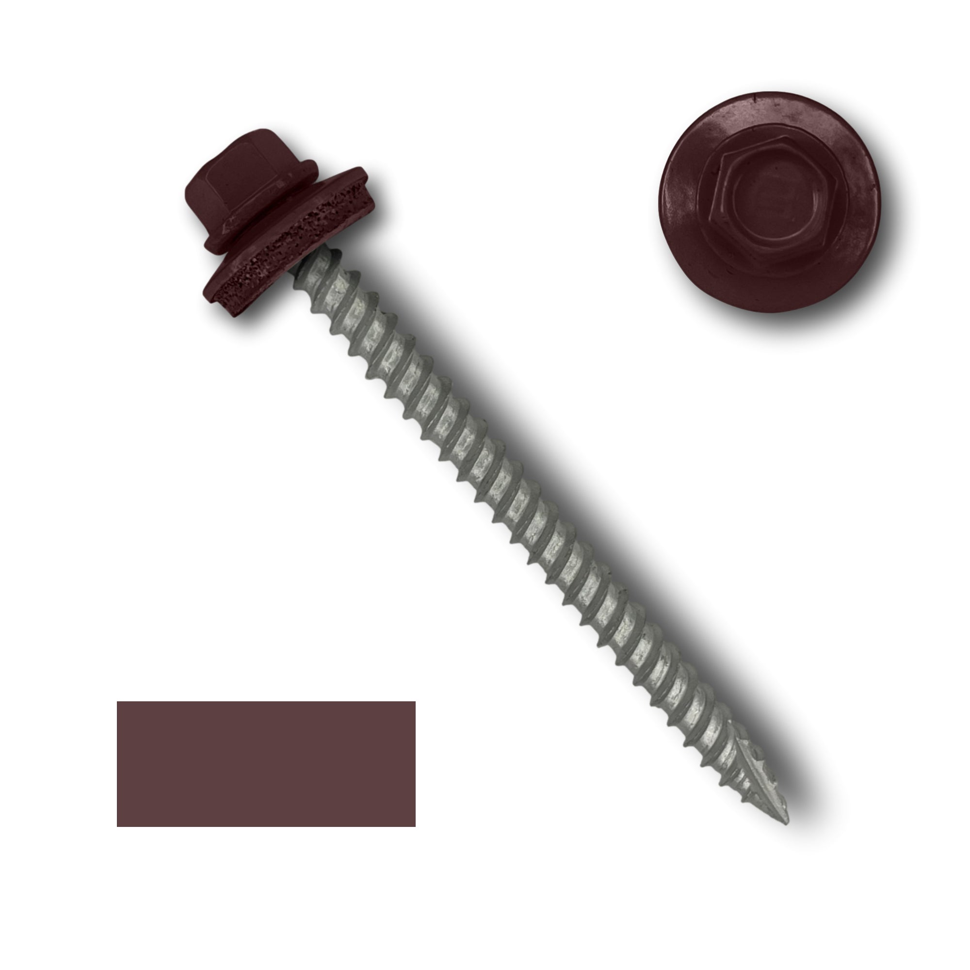 A number 10 Diameter Metal Roofing Screw that is 2.5 inches long with a 1/4 inch Hex Head and an EPDM Rubber Washer. The screw features a Type 17 sharp tip for drilling into wood decking. There is a color swatch of the screw head in the bottom left corner and a close-up of the screw head in the top right corner. The screw head is Burgundy in color.