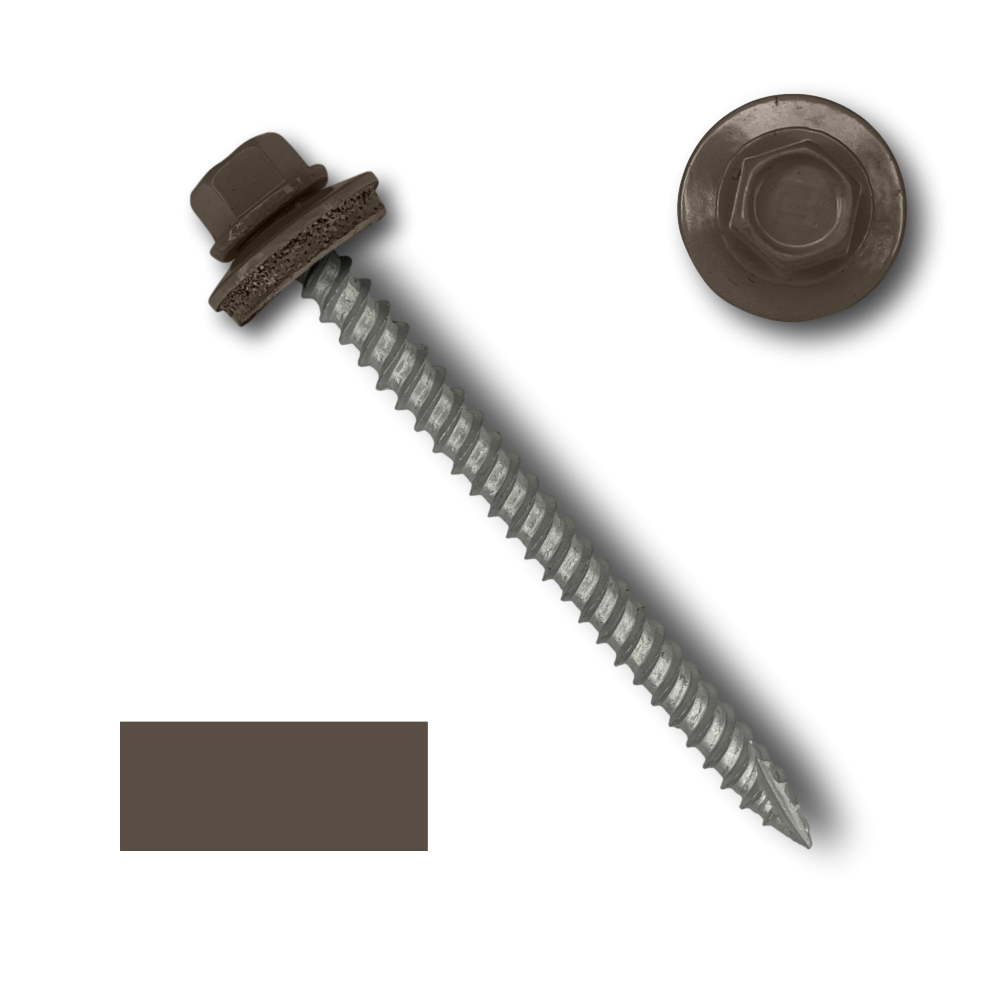 A number 10 Diameter Metal Roofing Screw that is 2.5 inches long with a 1/4 inch Hex Head and an EPDM Rubber Washer. The screw features a Type 17 sharp tip for drilling into wood decking. There is a color swatch of the screw head in the bottom left corner and a close-up of the screw head in the top right corner. The screw head is Burnished Slate in color.