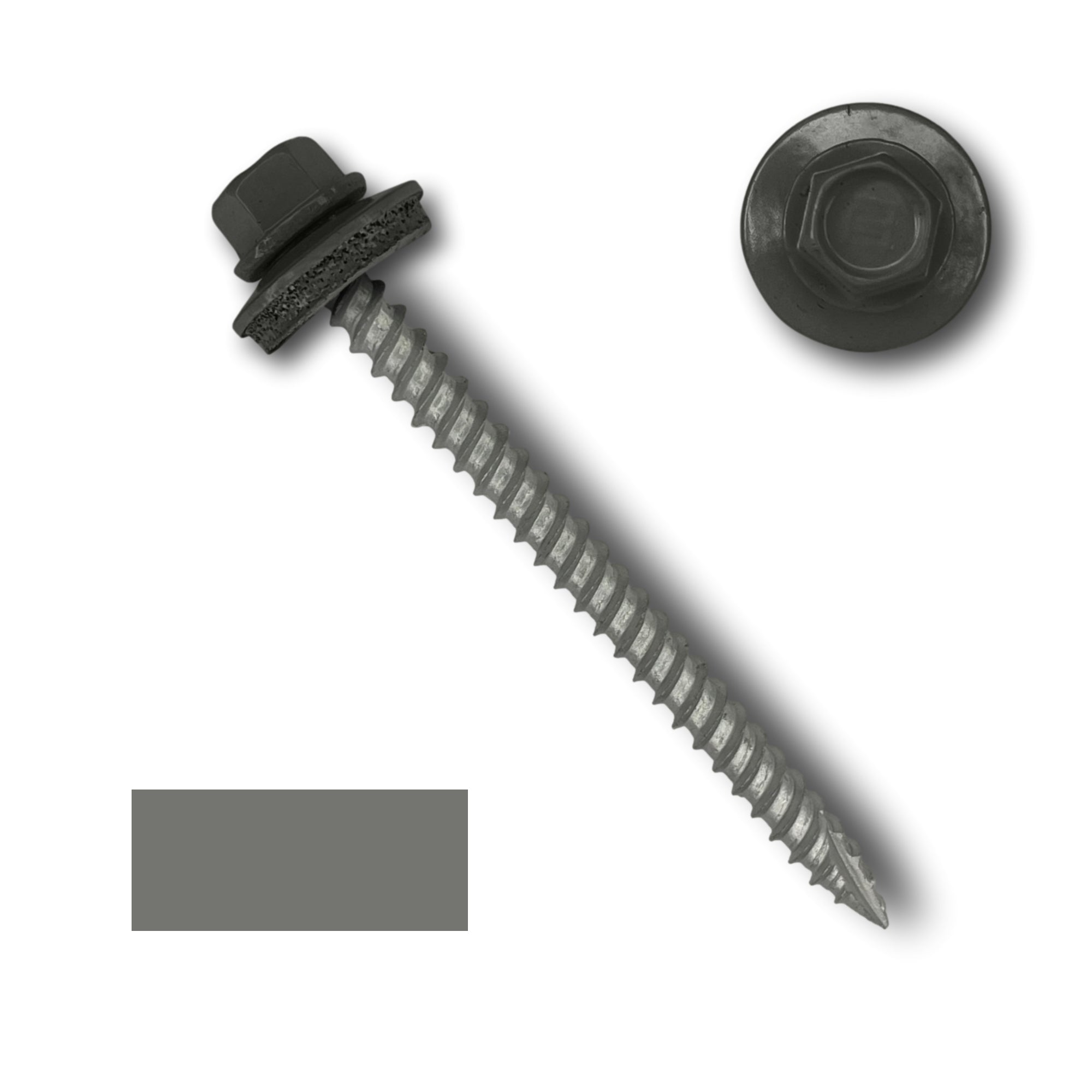 A number 10 Diameter Metal Roofing Screw that is 2.5 inches long with a 1/4 inch Hex Head and an EPDM Rubber Washer. The screw features a Type 17 sharp tip for drilling into wood decking. There is a color swatch of the screw head in the bottom left corner and a close-up of the screw head in the top right corner. The screw head is Charcoal Gray in color.