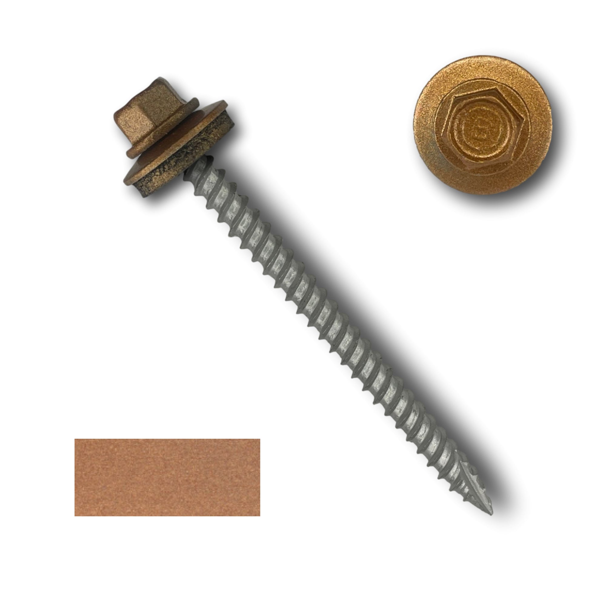 A number 10 Diameter Metal Roofing Screw that is 2.5 inches long with a 1/4 inch Hex Head and an EPDM Rubber Washer. The screw features a Type 17 sharp tip for drilling into wood decking. There is a color swatch of the screw head in the bottom left corner and a close-up of the screw head in the top right corner. The screw head is Copper Metallic in color.