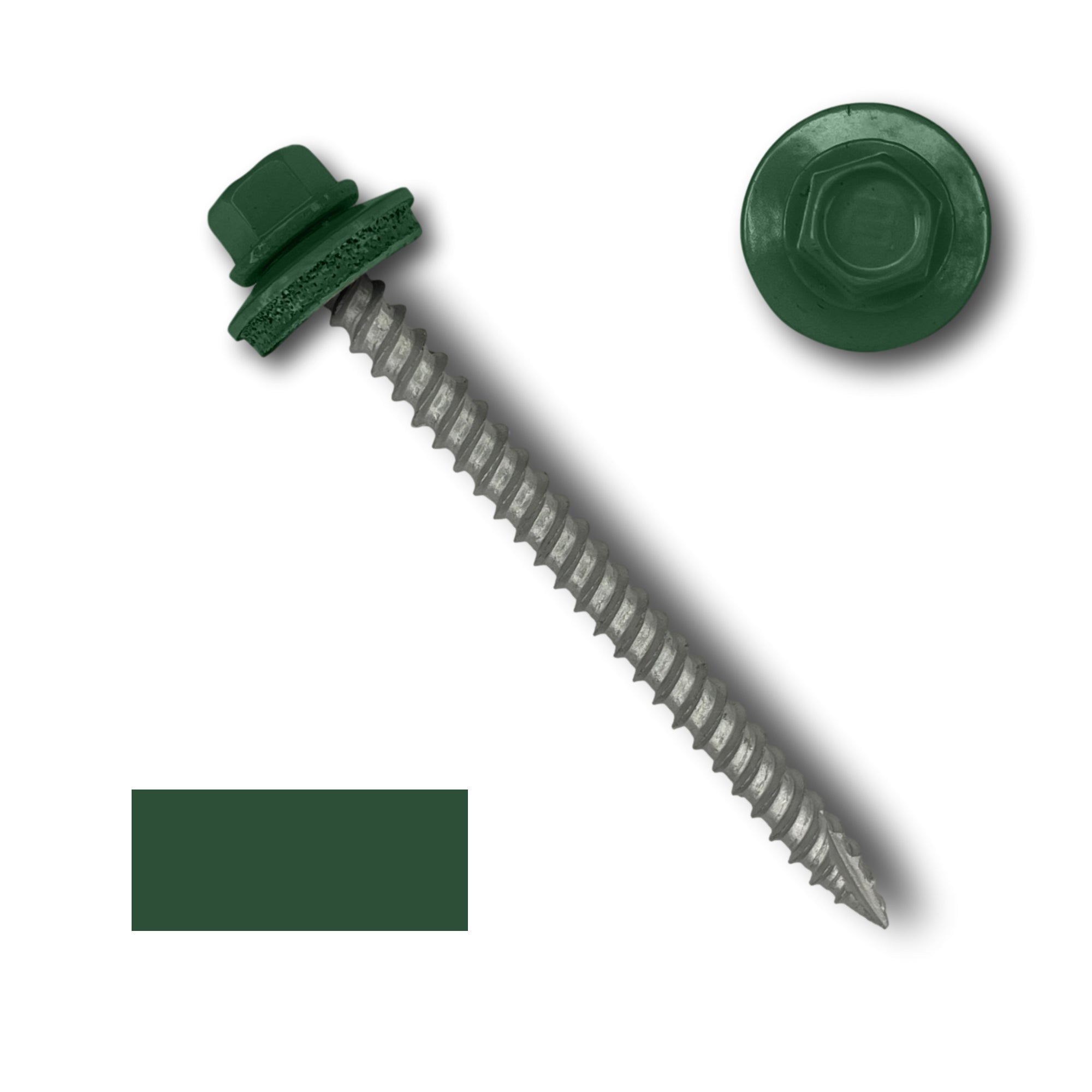 A number 10 Diameter Metal Roofing Screw that is 2.5 inches long with a 1/4 inch Hex Head and an EPDM Rubber Washer. The screw features a Type 17 sharp tip for drilling into wood decking. There is a color swatch of the screw head in the bottom left corner and a close-up of the screw head in the top right corner. The screw head is Evergreen in color.