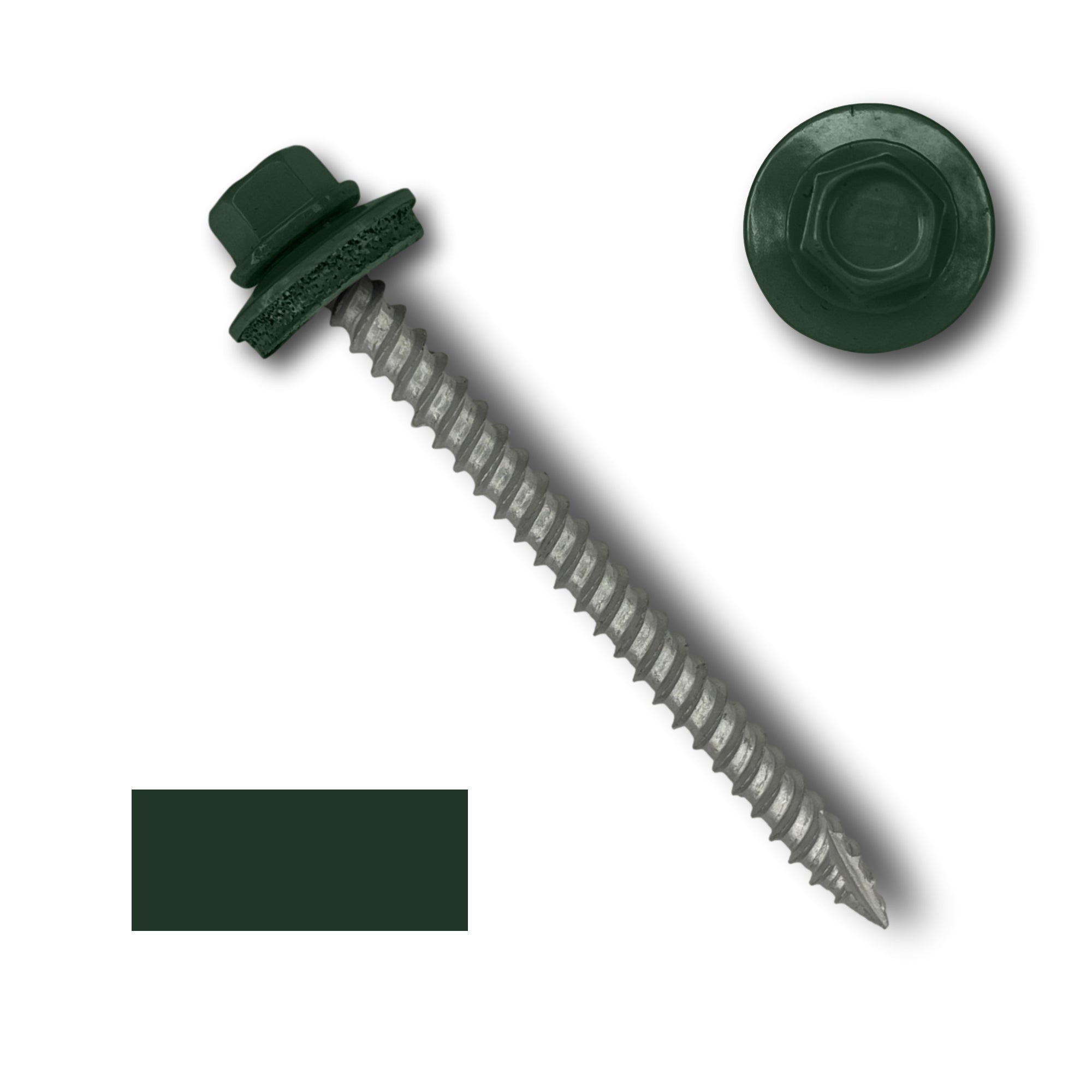 A number 10 Diameter Metal Roofing Screw that is 2.5 inches long with a 1/4 inch Hex Head and an EPDM Rubber Washer. The screw features a Type 17 sharp tip for drilling into wood decking. There is a color swatch of the screw head in the bottom left corner and a close-up of the screw head in the top right corner. The screw head is Forest Green in color.