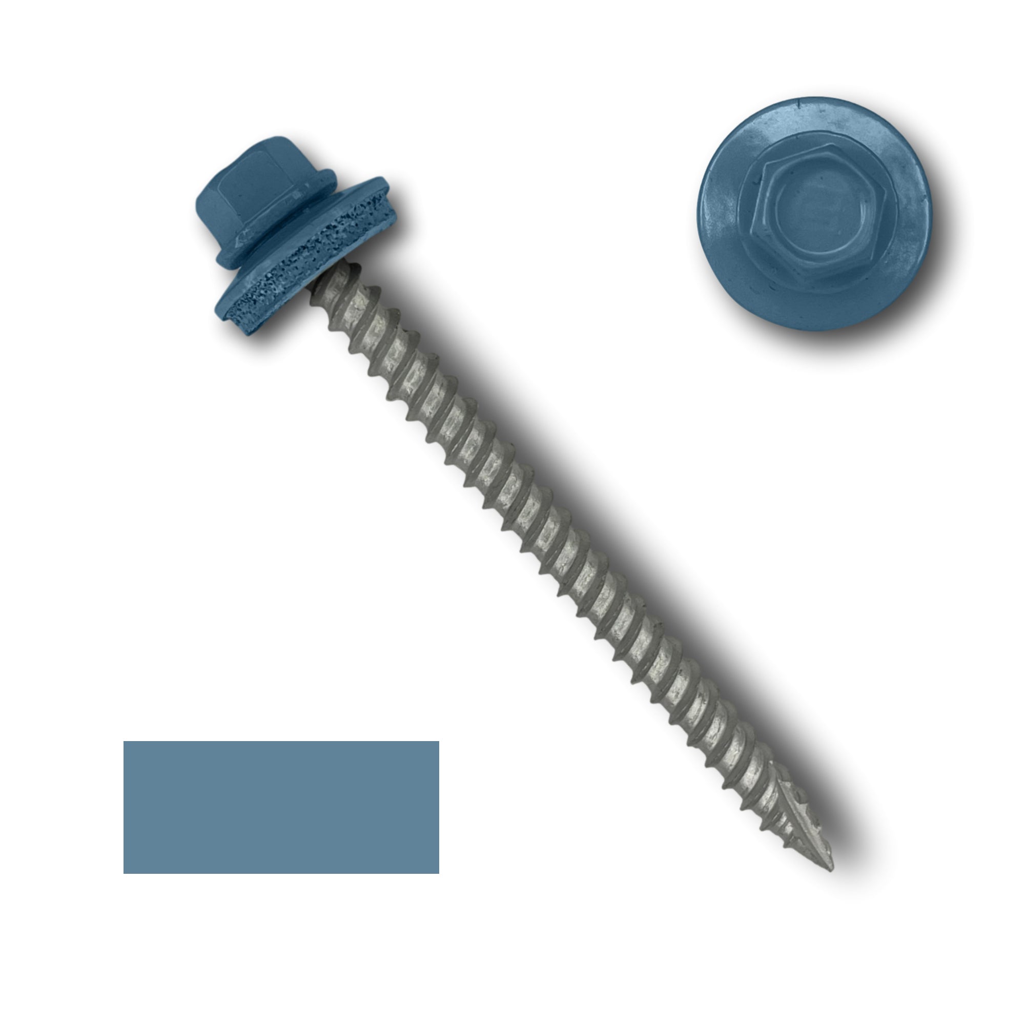A number 10 Diameter Metal Roofing Screw that is 2.5 inches long with a 1/4 inch Hex Head and an EPDM Rubber Washer. The screw features a Type 17 sharp tip for drilling into wood decking. There is a color swatch of the screw head in the bottom left corner and a close-up of the screw head in the top right corner. The screw head is Hawaiian Blue in color.