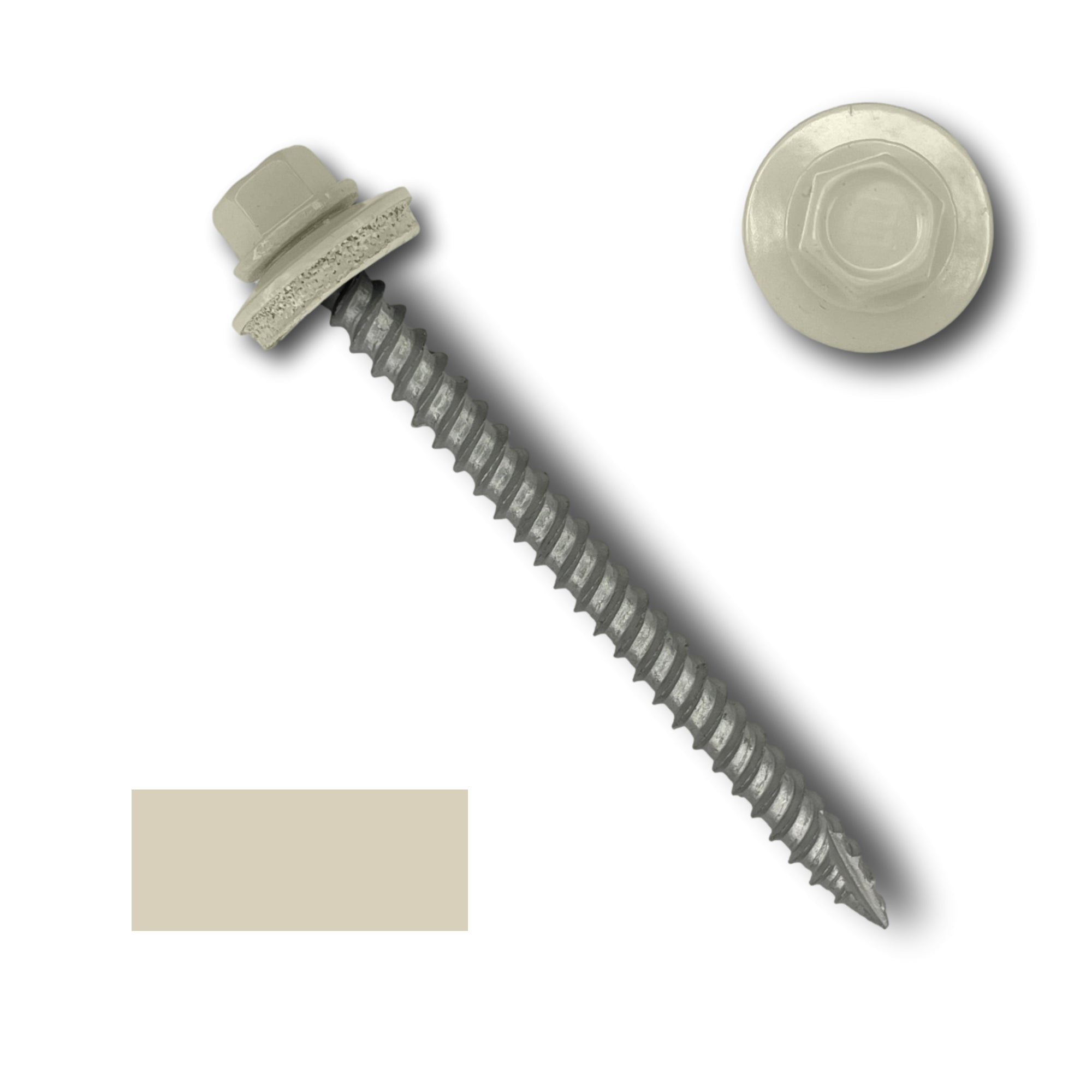 A number 10 Diameter Metal Roofing Screw that is 2.5 inches long with a 1/4 inch Hex Head and an EPDM Rubber Washer. The screw features a Type 17 sharp tip for drilling into wood decking. There is a color swatch of the screw head in the bottom left corner and a close-up of the screw head in the top right corner. The screw head is Lightstone in color.