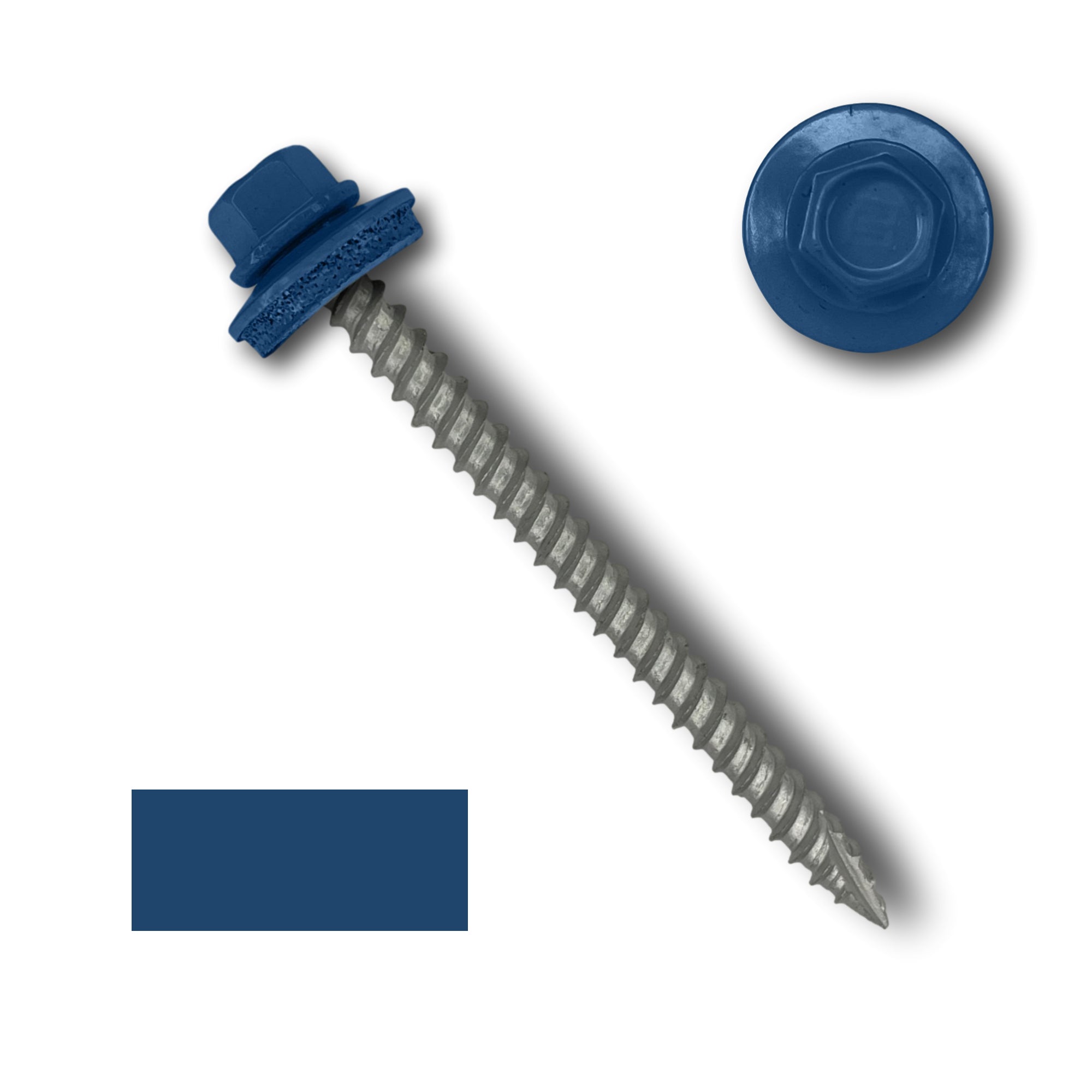 A number 10 Diameter Metal Roofing Screw that is 2.5 inches long with a 1/4 inch Hex Head and an EPDM Rubber Washer. The screw features a Type 17 sharp tip for drilling into wood decking. There is a color swatch of the screw head in the bottom left corner and a close-up of the screw head in the top right corner. The screw head is Regal Blue in color.